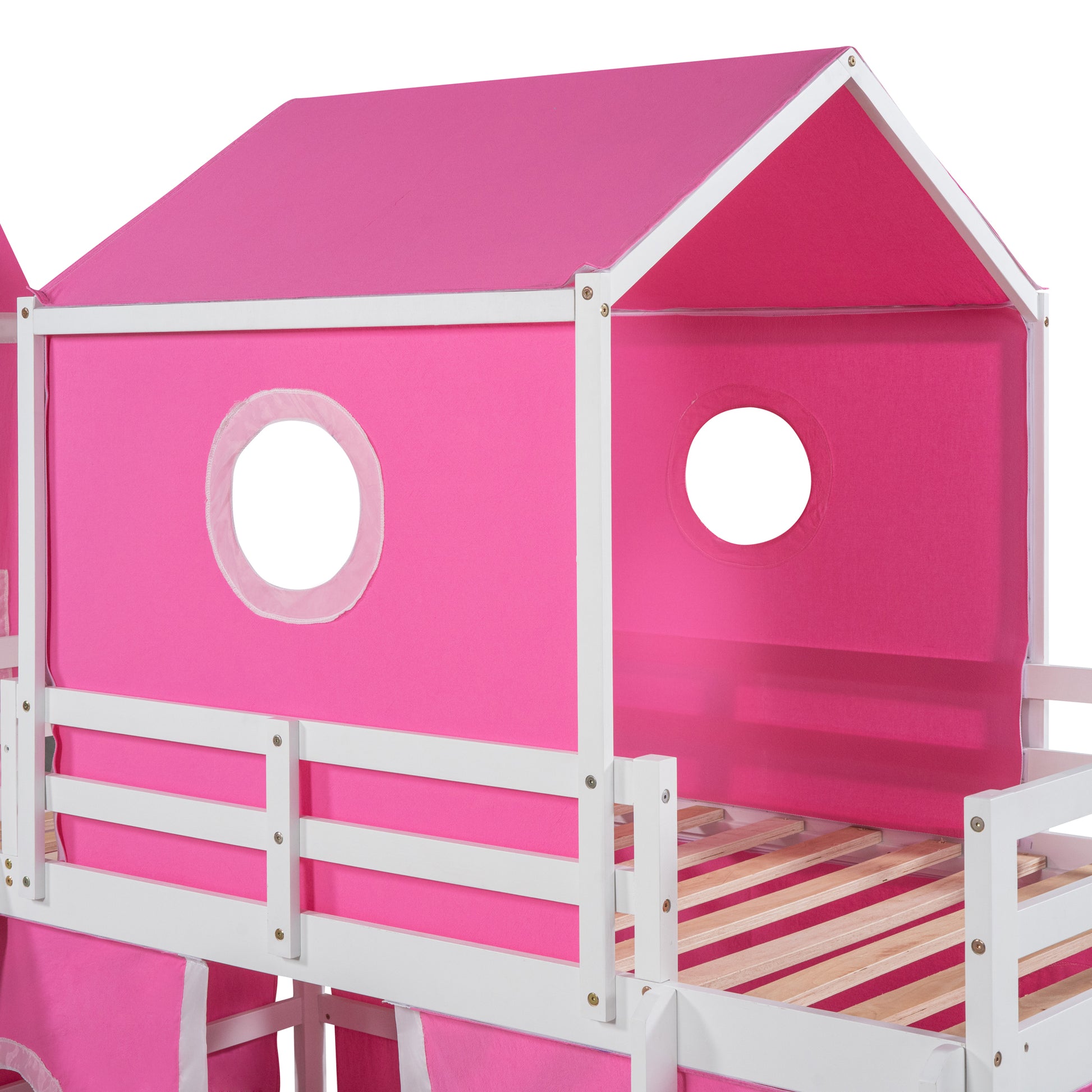 Twin Size Loft Bed With Slide Pink Tent And Tower Pink Twin Pink Solid Wood