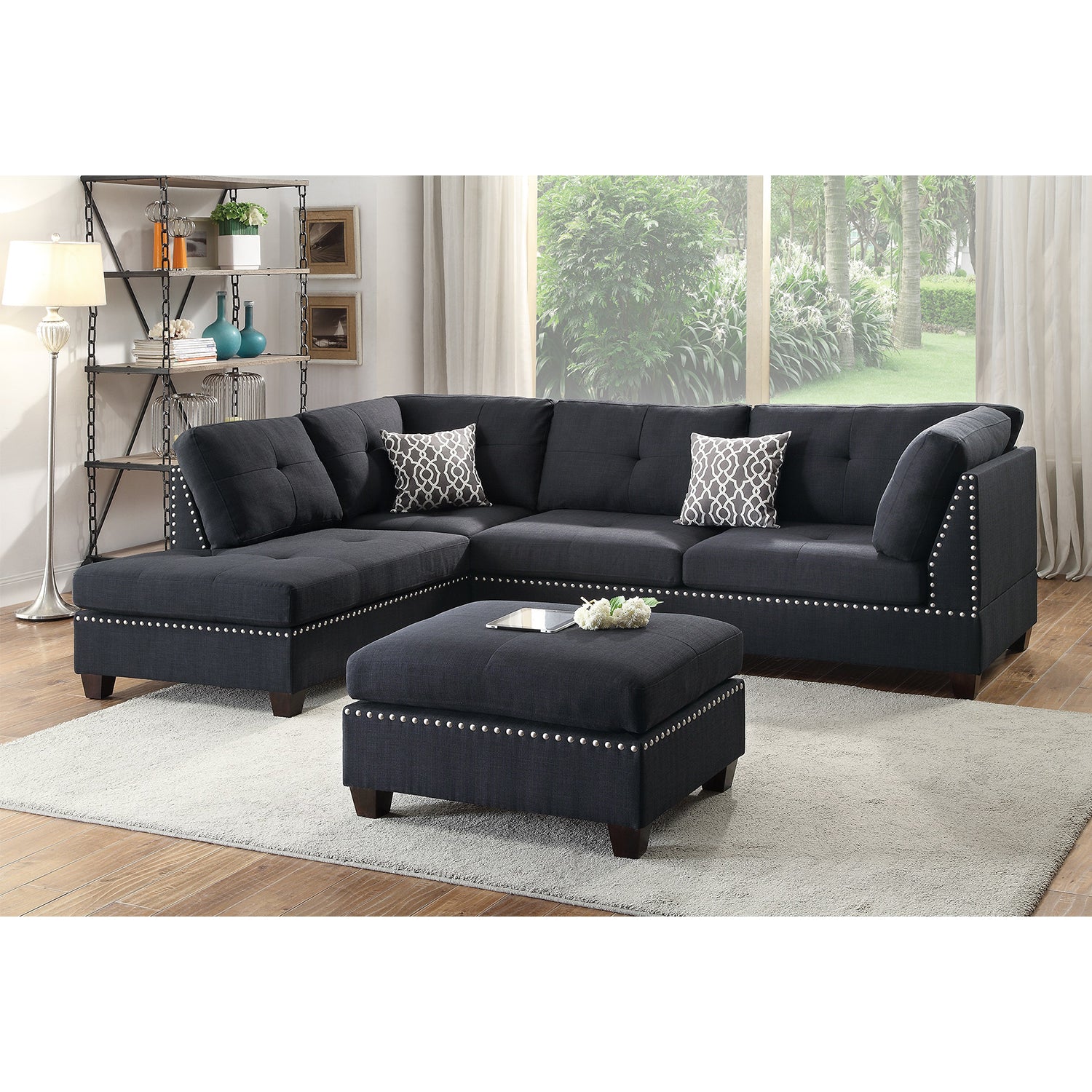 Polyfiber Reversible Sectional Sofa With Ottoamn In Black Black L Shaped Pillow Top Arms Polyester