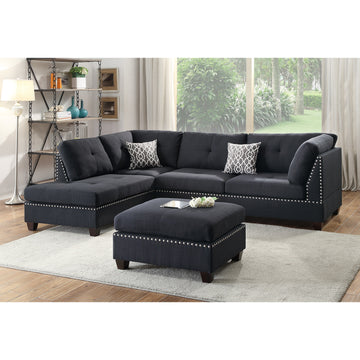 Polyfiber Reversible Sectional Sofa With Ottoamn In Black Black L Shaped Pillow Top Arms Polyester