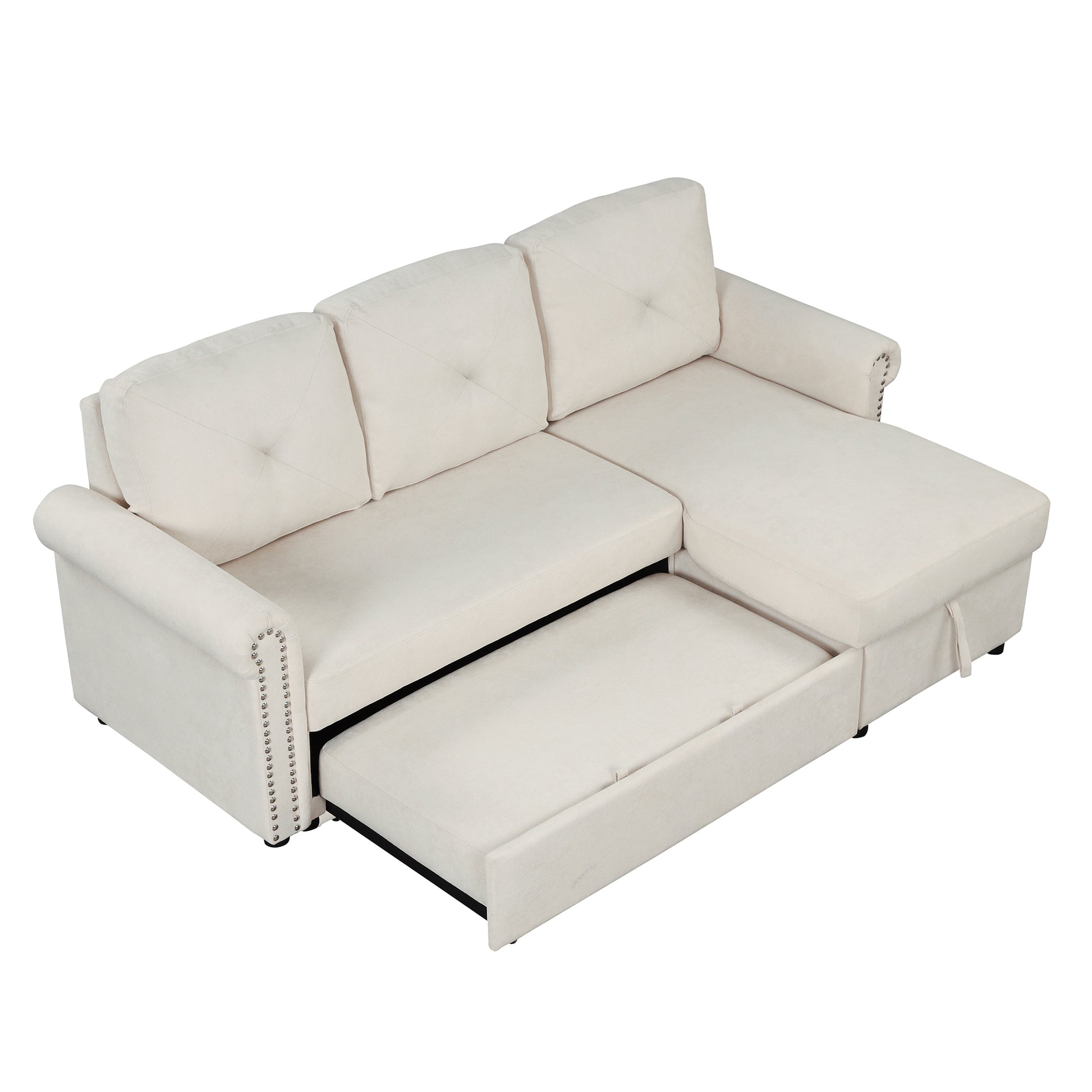 83" Modern Convertible Sleeper Sofa Bed With Storage Chaise,Beige Old Sku:Sg000344Aaa Beige Foam Velvet