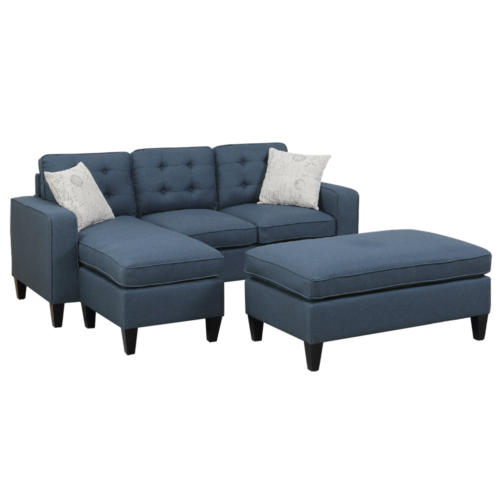 Polyfiber Reversible Sectional Sofa With Ottoamn In Navy Navy Tufted Back L Shaped Pine Square Arms Fabric