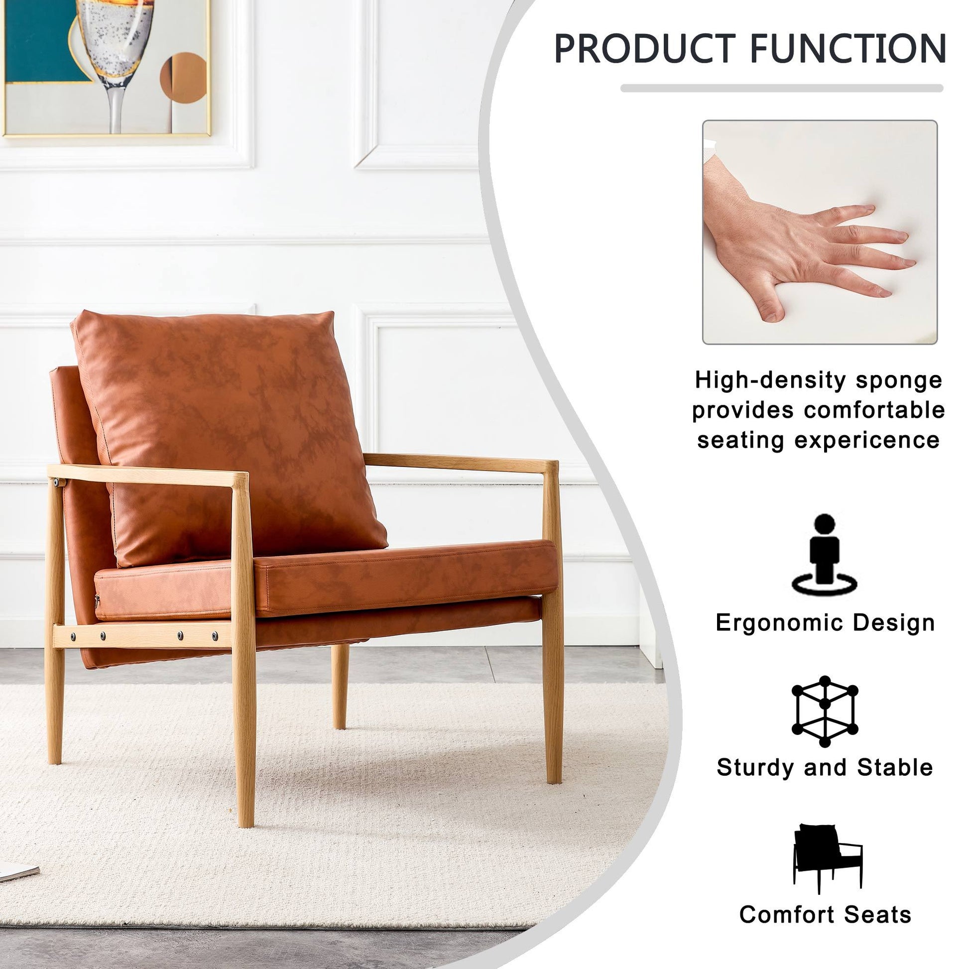 Pu Leather Accent Arm Chair Mid Century Modern Upholstered Armchair With Imitation Solid Wood Color Metal Frame Extra Thick Padded Backrest And Seat Cushion Sofa Chairs For Living Room Sf 010 Brown Foam Pu