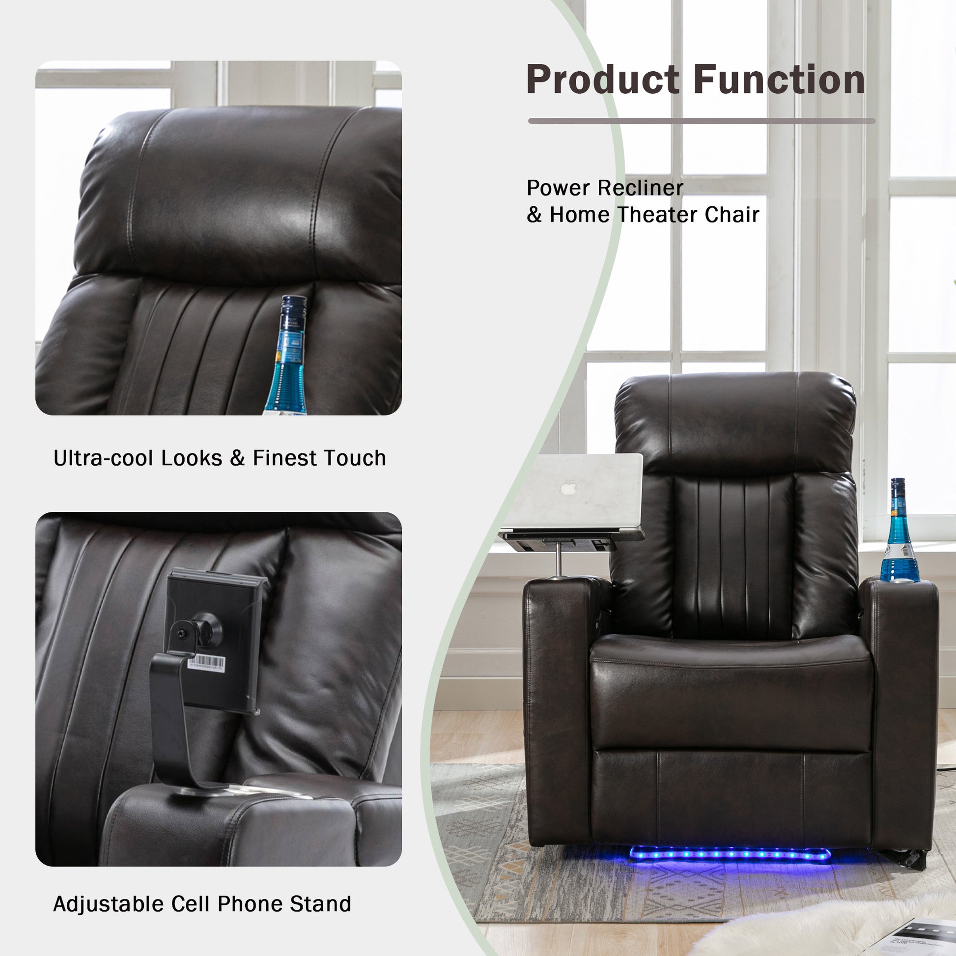 Premium Power Recliner With Storage Arms, Cupholders, Swivel Tray Table And Cell Phone Stand,Brown Old Sku:Sg000450Aaa Brown Foam Pu