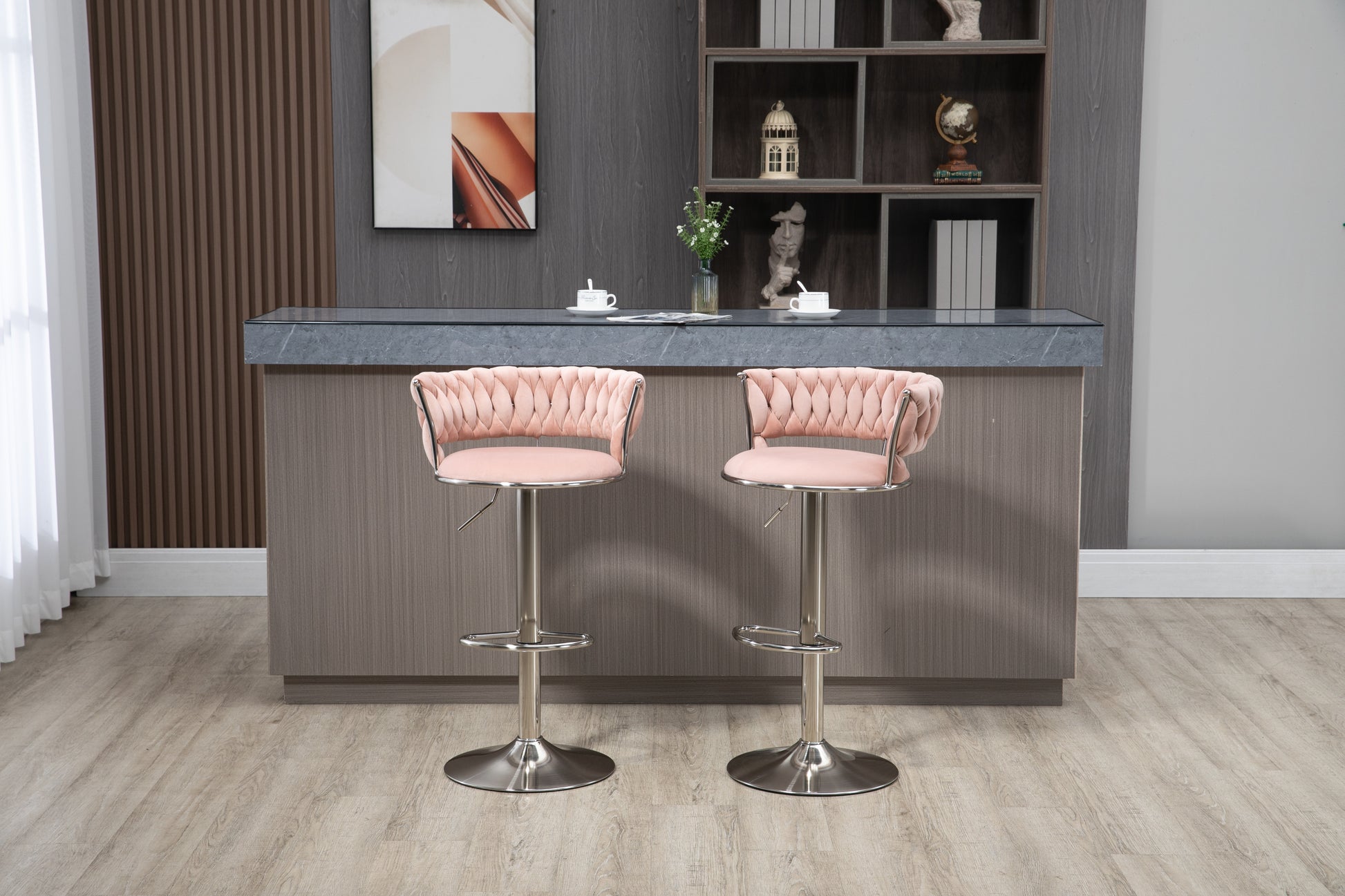 Coolmore Swivel Bar Stools Set Of 2 Adjustable Counter Height Chairs With Footrest For Kitchen, Dining Room 2Pc Set Pink Polyester