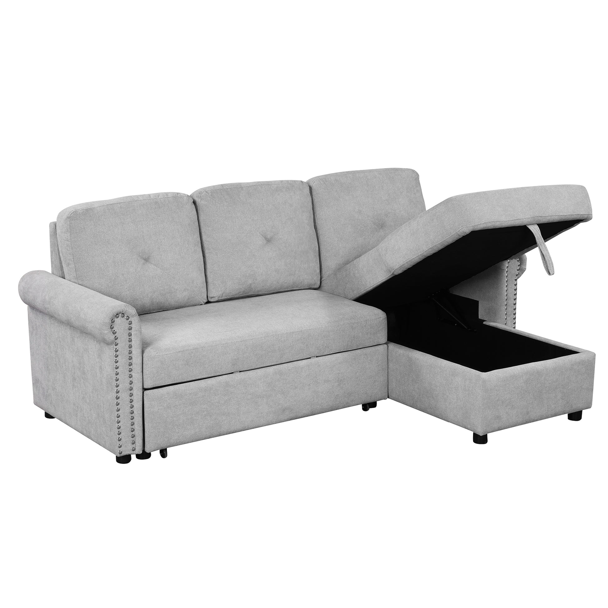 83" Modern Convertible Sleeper Sofa Bed With Storage Chaise,Gray Old Sku:Sg000346Aaa Gray Foam Velvet