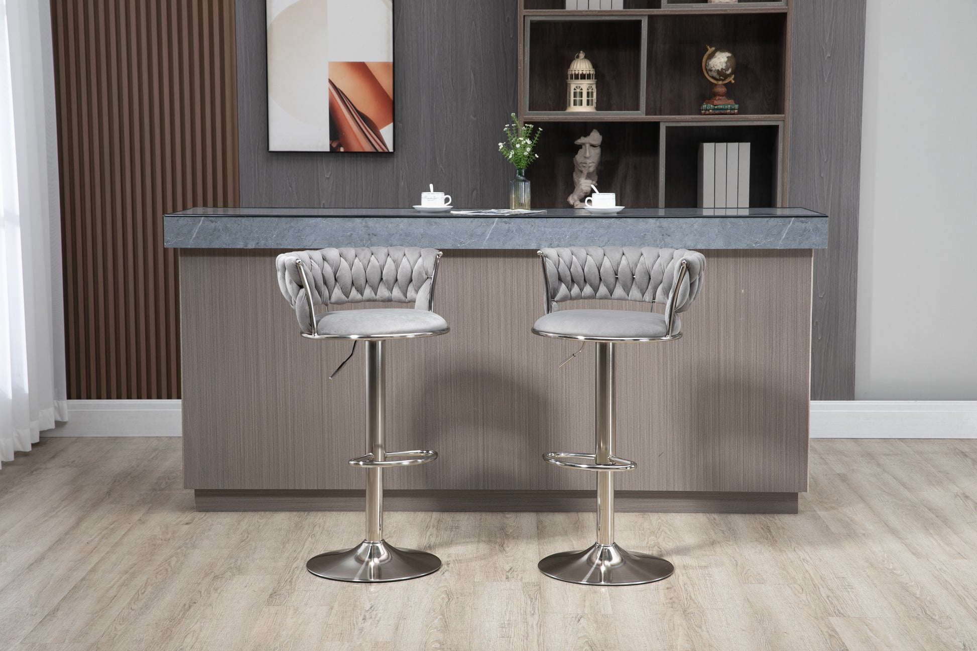 Coolmore Swivel Bar Stools Set Of 2 Adjustable Counter Height Chairs With Footrest For Kitchen, Dining Room 2Pc Set Gray Polyester