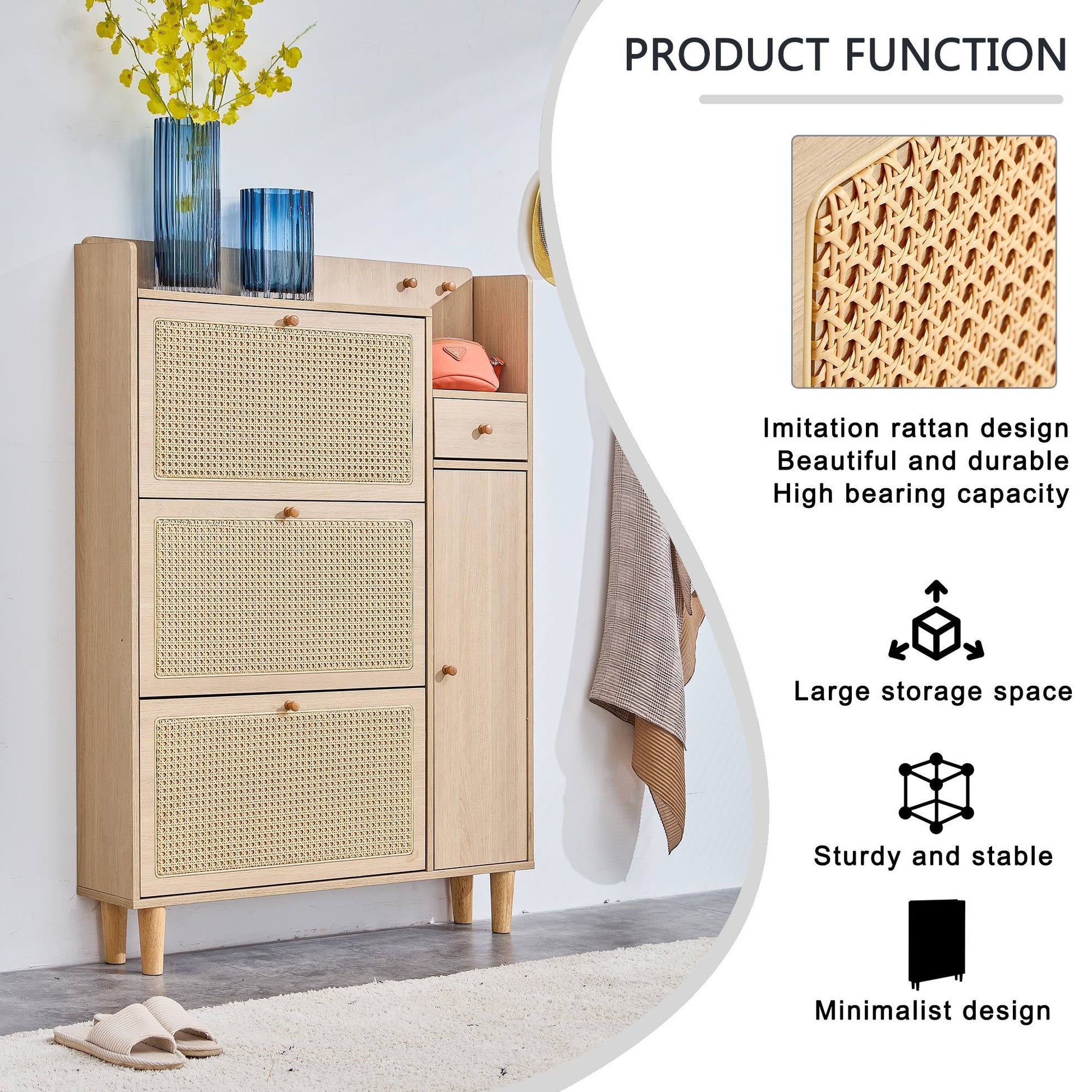 Modern Minimalist Storage Cabinet Mdf Bed Top Cabinet Japanese Rattan Shoe Cabinet, Small Home Furniture. Suitable For Hallways And Living Rooms Natural Mdf