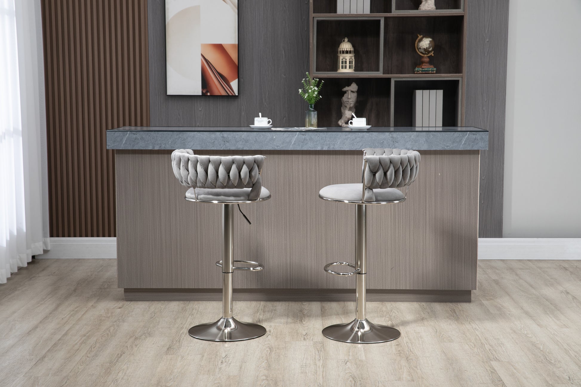 Coolmore Swivel Bar Stools Set Of 2 Adjustable Counter Height Chairs With Footrest For Kitchen, Dining Room 2Pc Set Gray Polyester