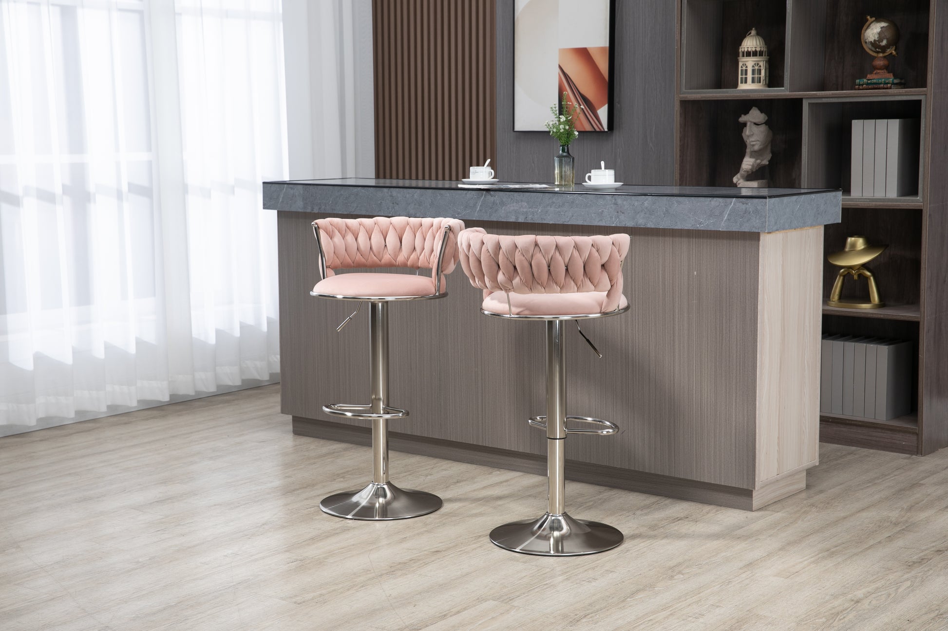 Coolmore Swivel Bar Stools Set Of 2 Adjustable Counter Height Chairs With Footrest For Kitchen, Dining Room 2Pc Set Pink Polyester