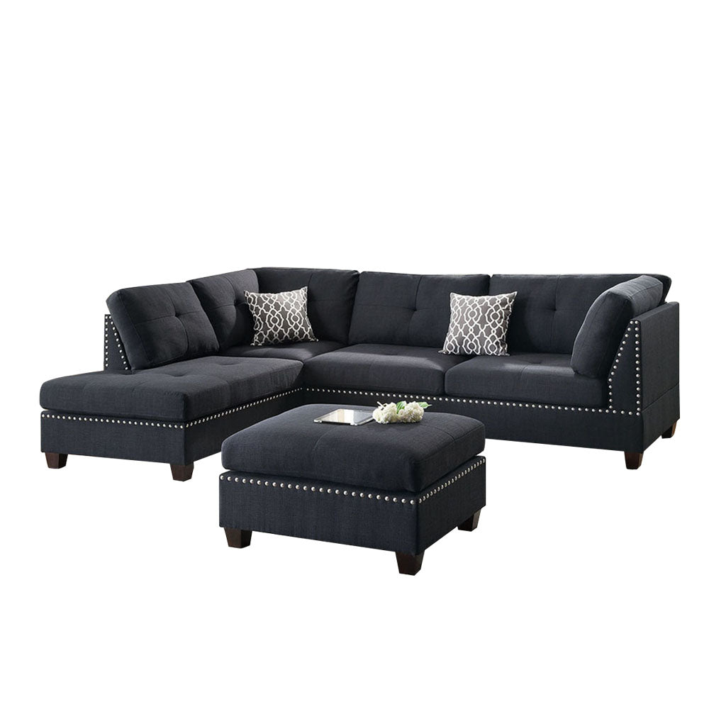 Polyfiber Reversible Sectional Sofa With Ottoamn In Black Black L Shaped Pillow Top Arms Polyester