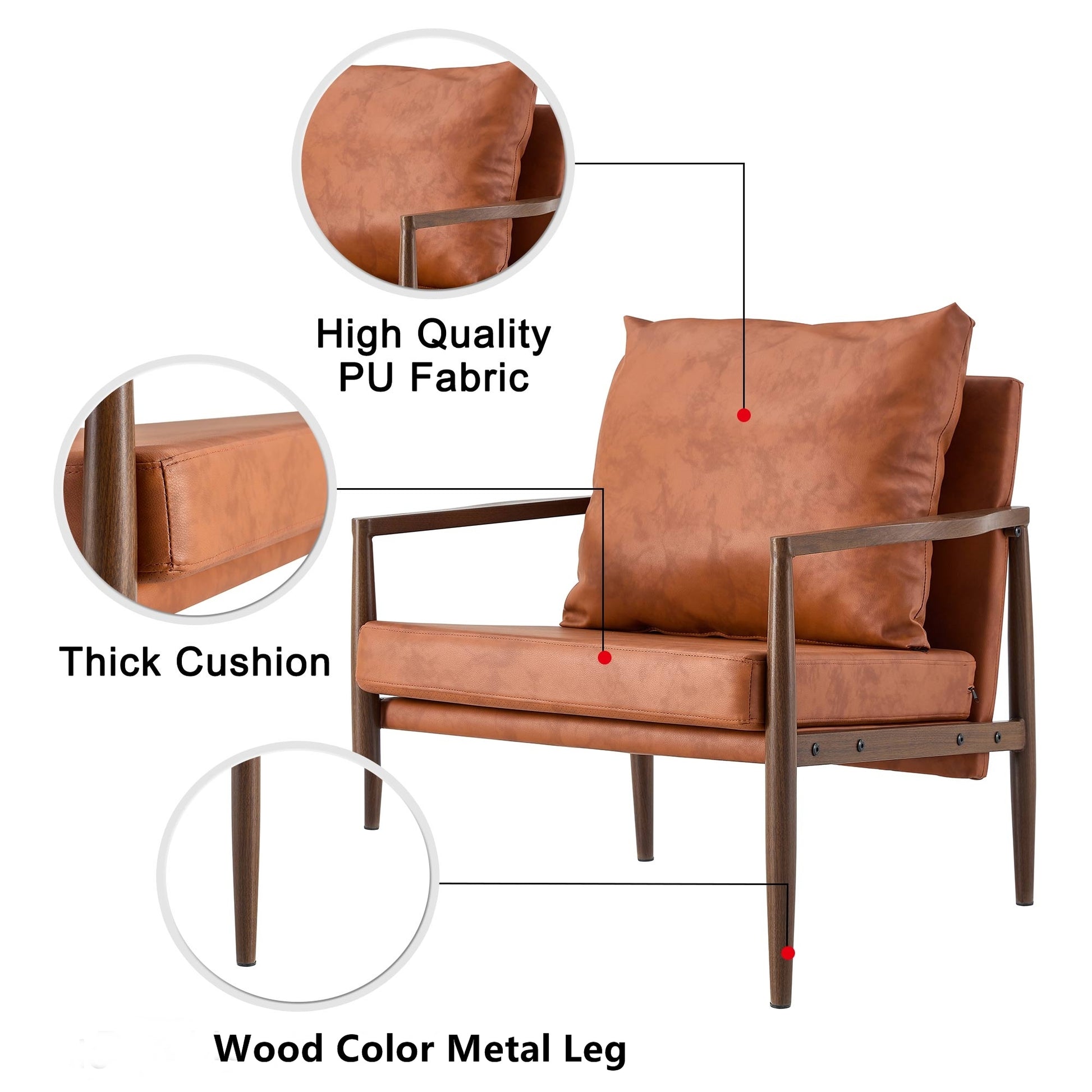 Pu Leather Accent Arm Chair Mid Century Modern Upholstered Armchair With Imitation Solid Wood Walnut Color Metal Frame Extra Thick Padded Backrest And Seat Cushion Sofa Chairs For Living Room Sf 010 Brown Foam Pu