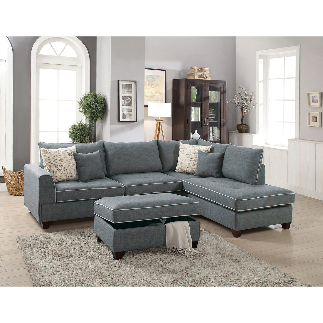 Fabric Reversible Sectional Sofa With Ottoamn In Steel Gray Gray Cushion Back L Shaped Fabric