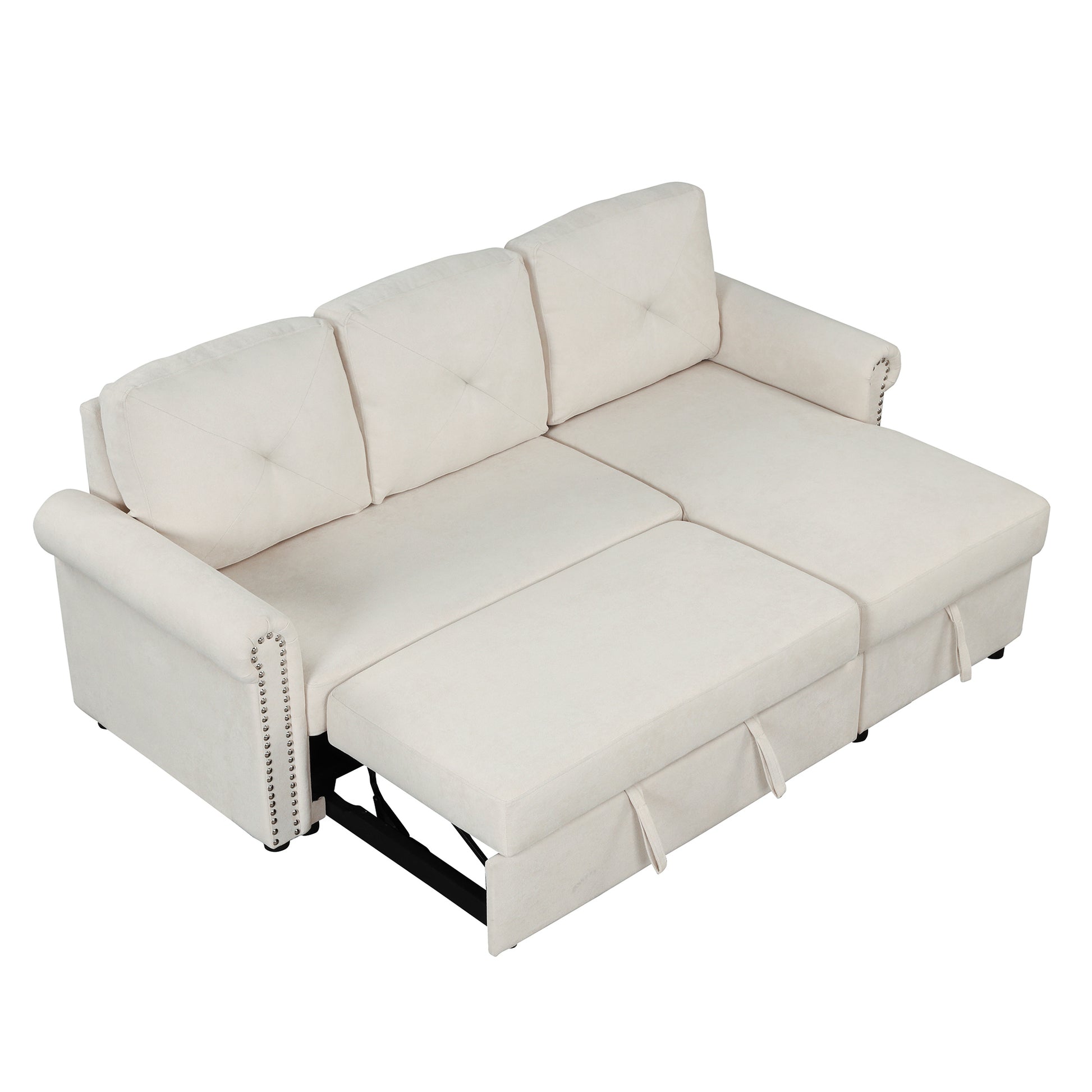 83" Modern Convertible Sleeper Sofa Bed With Storage Chaise,Beige Old Sku:Sg000344Aaa Beige Foam Velvet