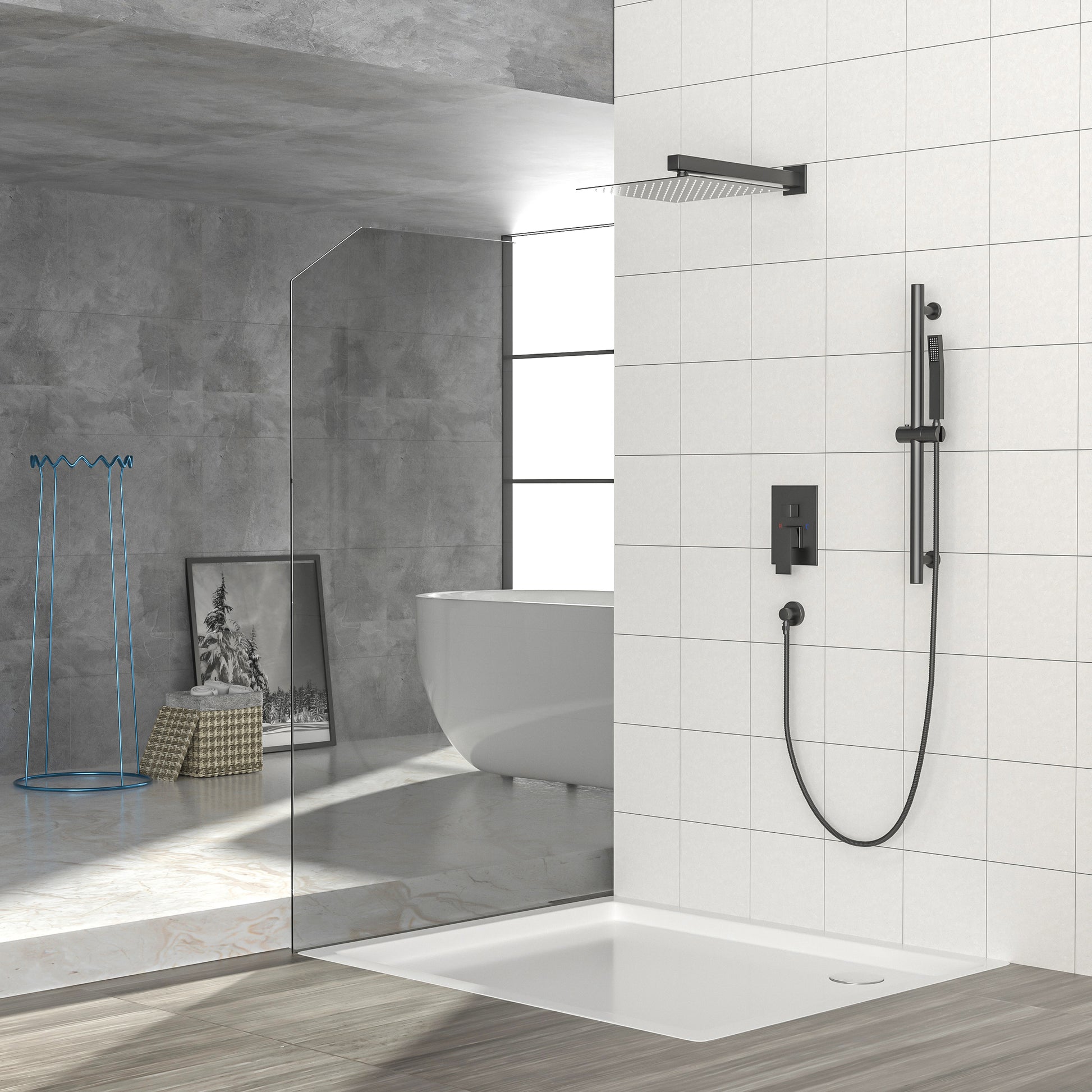 Shower System With Adjustable Slide Bar,12 Inch Wall Mounted Square Shower System With Rough In Valve,Matte Black Matte Black Stainless Steel