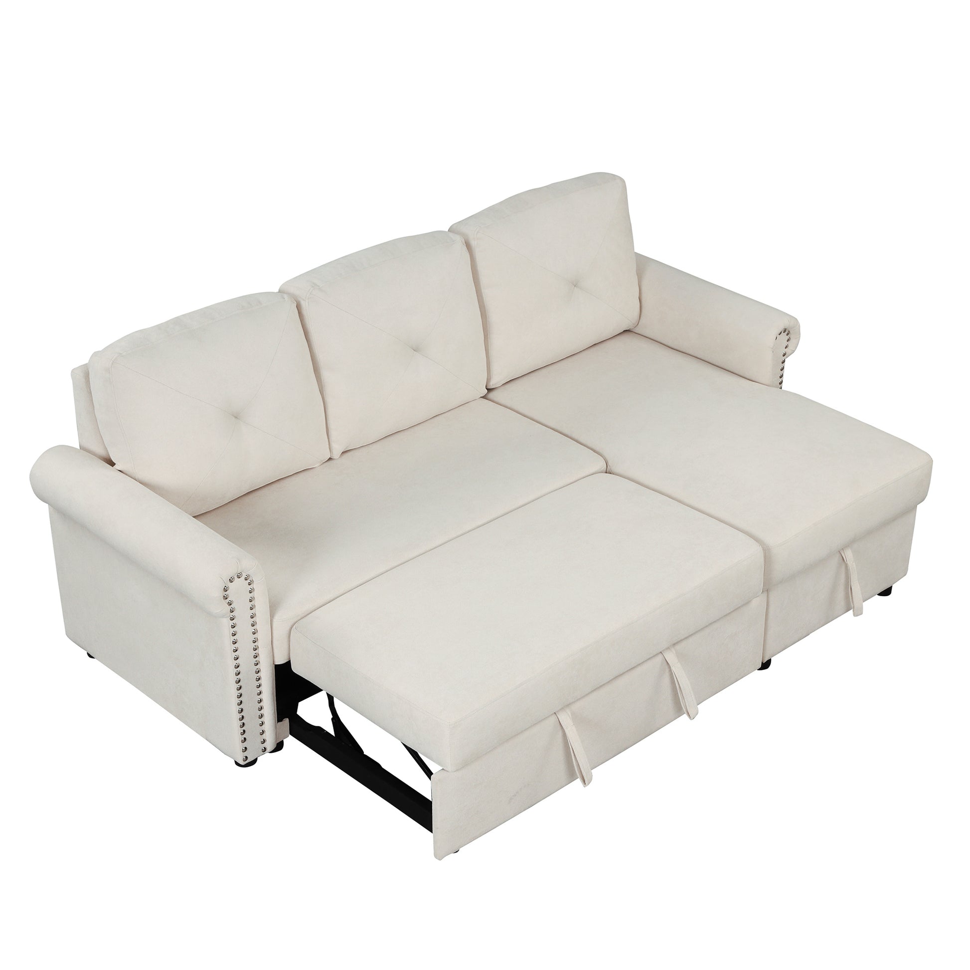 83" Modern Convertible Sleeper Sofa Bed With Storage Chaise,Beige Old Sku:Sg000344Aaa Beige Foam Velvet