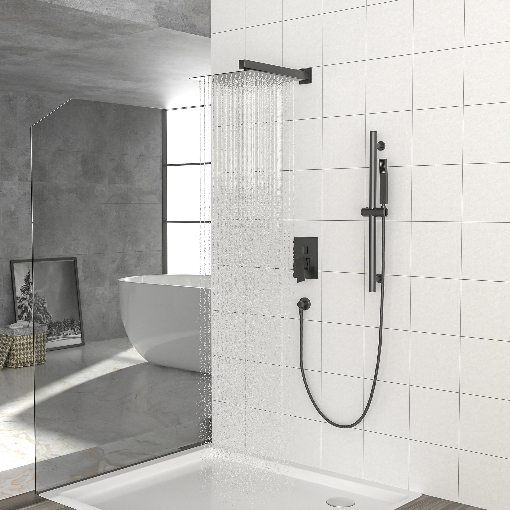 Shower System With Adjustable Slide Bar,12 Inch Wall Mounted Square Shower System With Rough In Valve,Matte Black Matte Black Stainless Steel