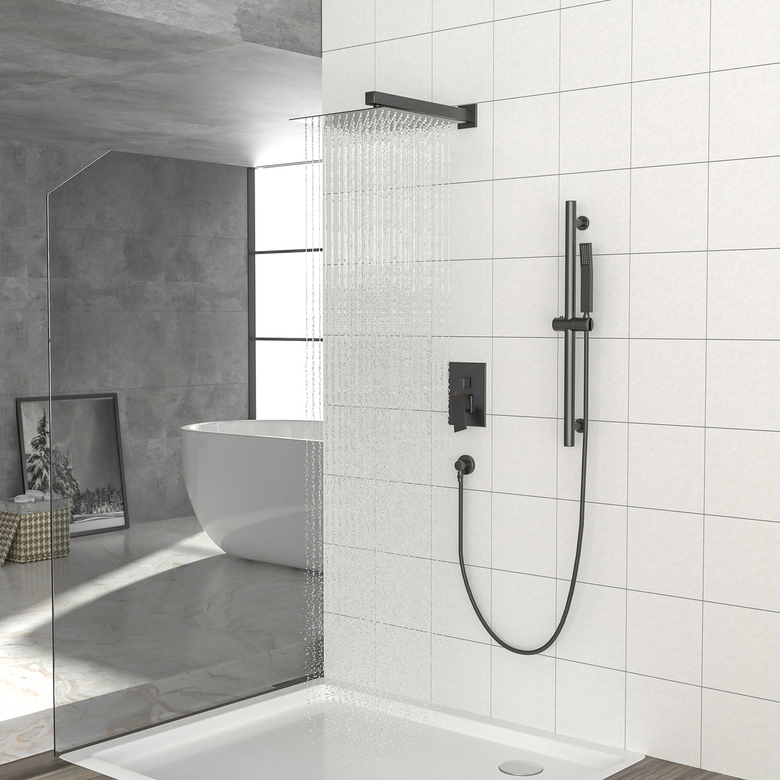 Shower System With Adjustable Slide Bar,10 Inch Wall Mounted Square Shower System With Rough In Valve,Matte Black Matte Black Stainless Steel