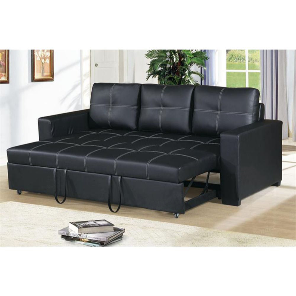 3 Seats Faux Leather Convertible Sleeper Sofa, Black Black Faux Leather Tufted Back Square Arms Pu Leather