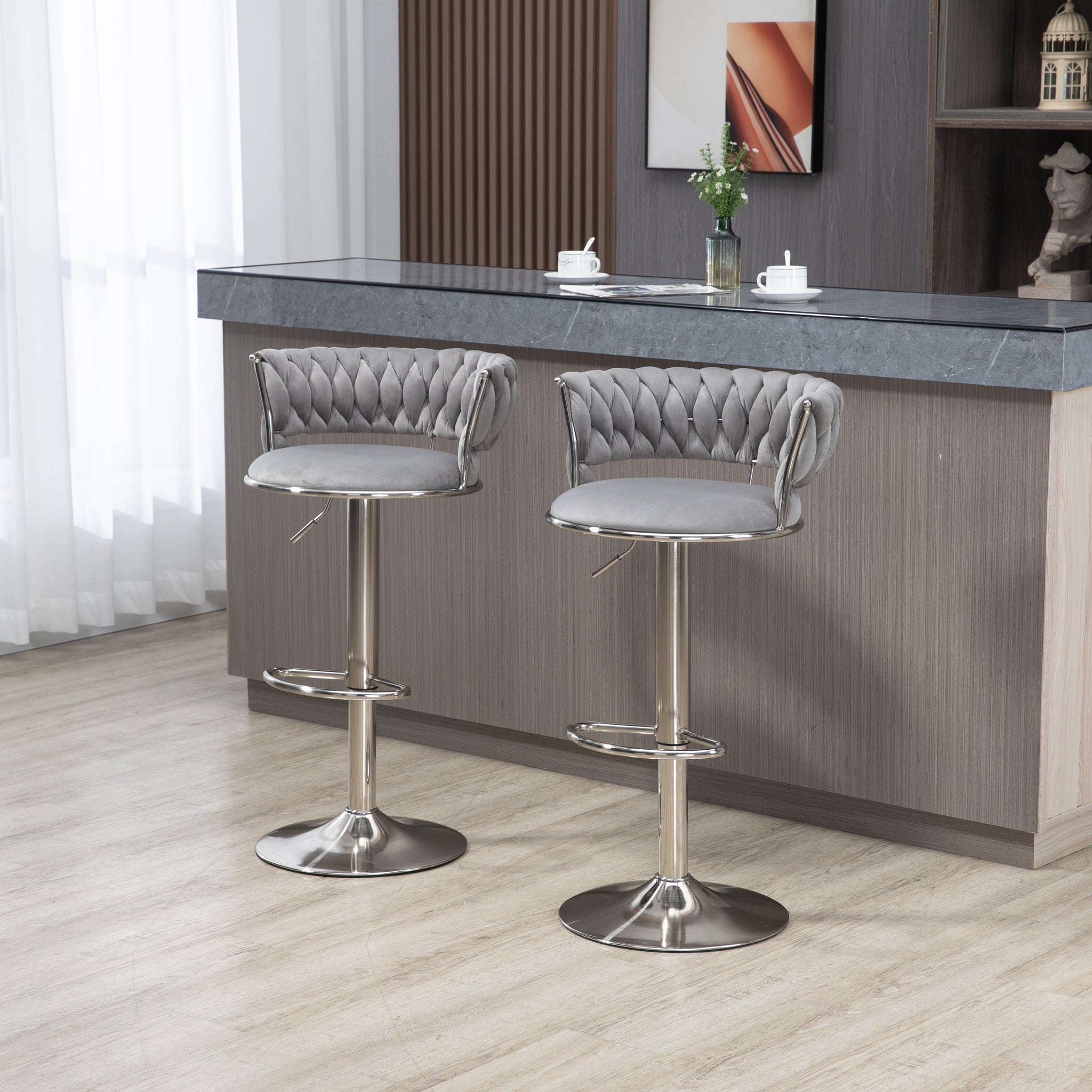 Coolmore Swivel Bar Stools Set Of 2 Adjustable Counter Height Chairs With Footrest For Kitchen, Dining Room 2Pc Set Gray Polyester