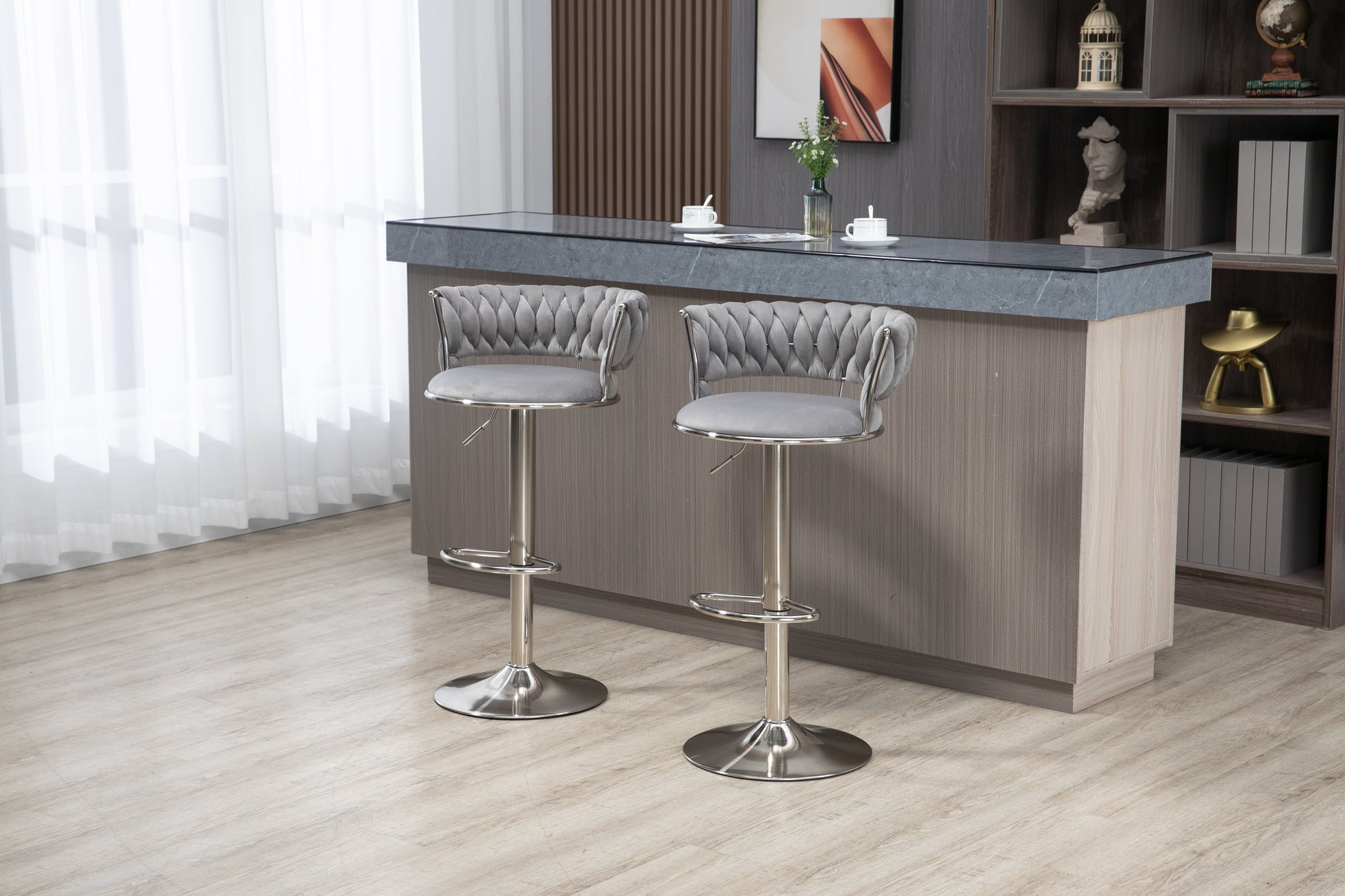 Coolmore Swivel Bar Stools Set Of 2 Adjustable Counter Height Chairs With Footrest For Kitchen, Dining Room 2Pc Set Gray Polyester