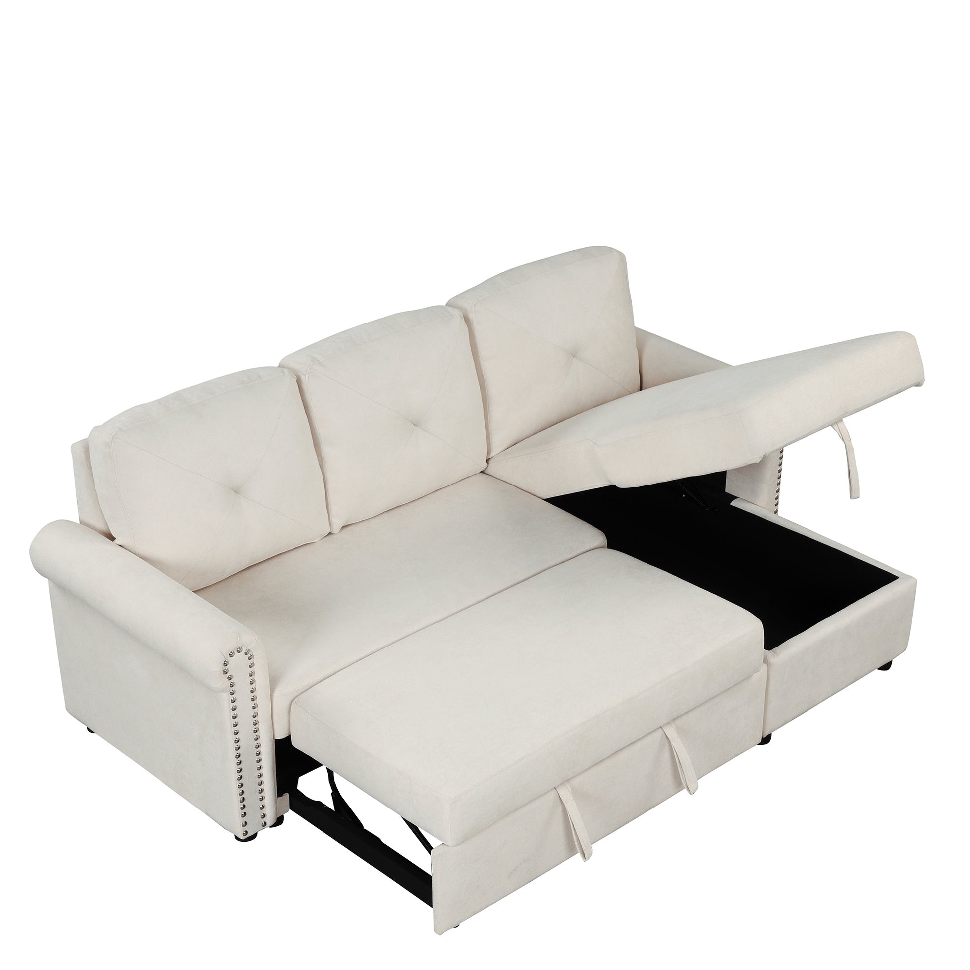 83" Modern Convertible Sleeper Sofa Bed With Storage Chaise,Beige Old Sku:Sg000344Aaa Beige Foam Velvet