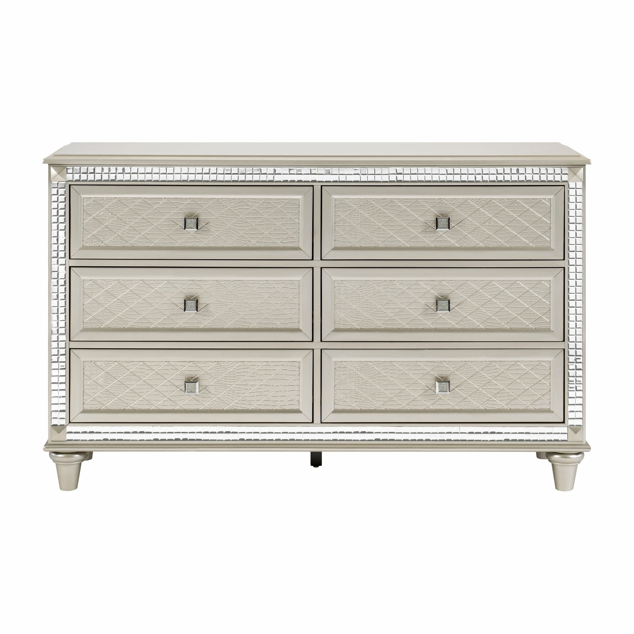 Luxury Champagne Finish Dresser Of 6 Drawers 1Pc Glamorous Crystal Diamond Pattern Knobs Stylish Bedroom Furniture Champagne 5 Drawers & Above Bedroom Ball Bearing Glides Glam,Modern Wood