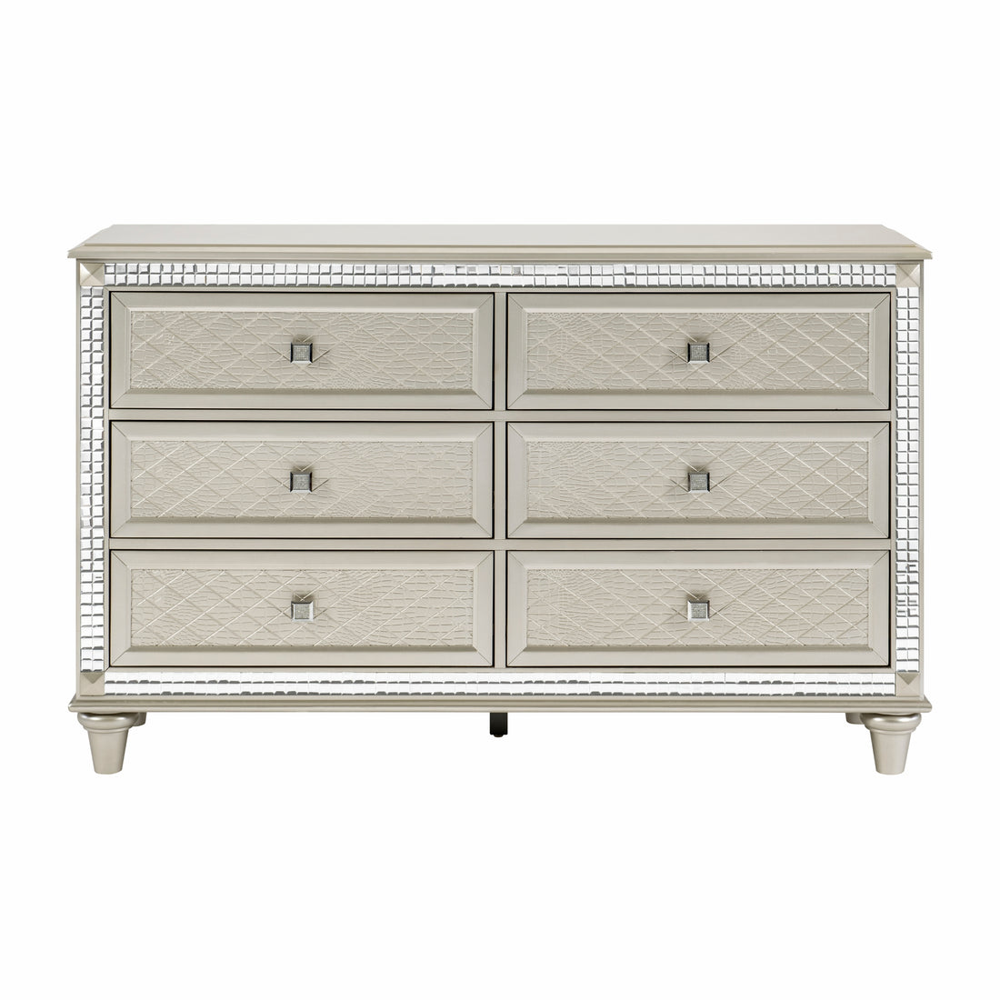 Luxury Champagne Finish Dresser Of 6 Drawers 1Pc Glamorous Crystal Diamond Pattern Knobs Stylish Bedroom Furniture Champagne 5 Drawers & Above Bedroom Ball Bearing Glides Glam,Modern Wood