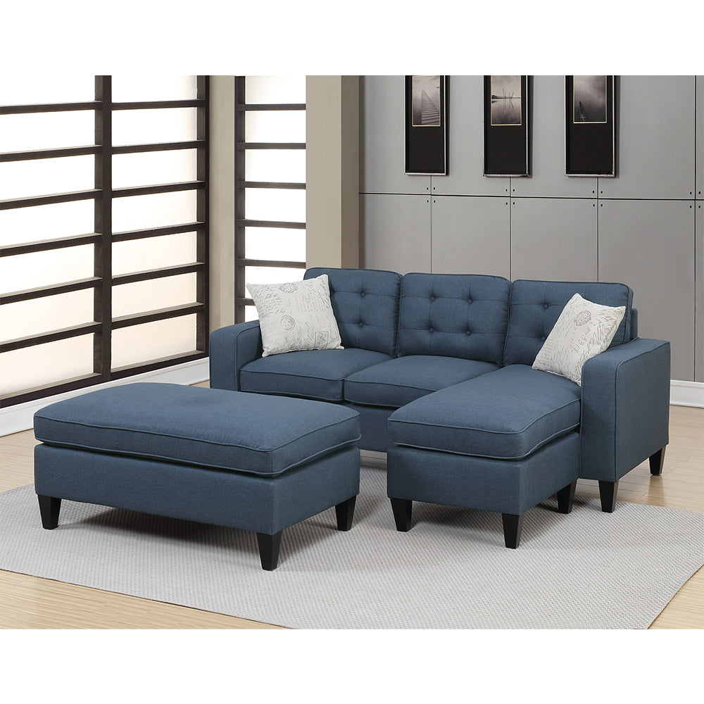 Polyfiber Reversible Sectional Sofa With Ottoamn In Navy Navy Tufted Back L Shaped Pine Square Arms Fabric