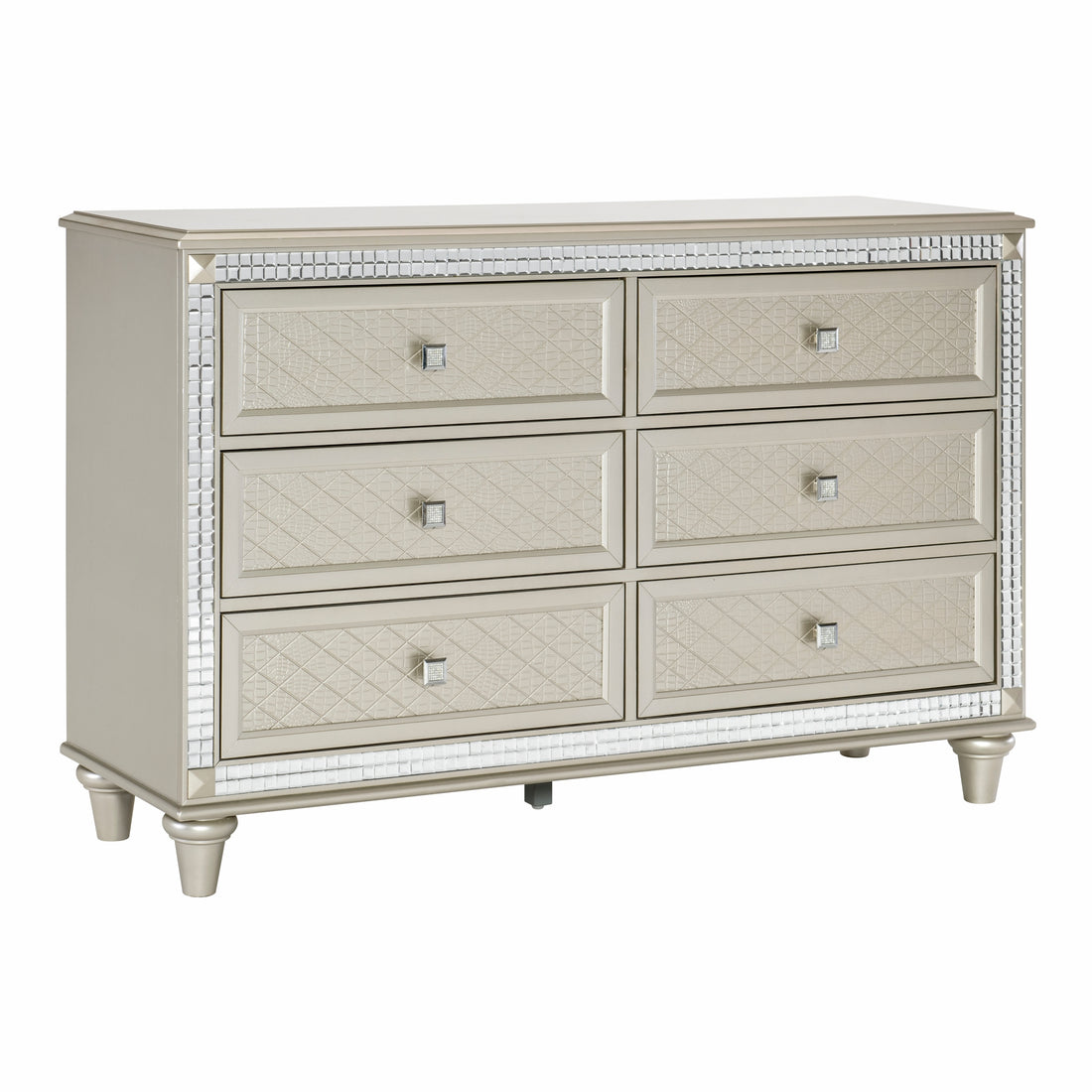 Luxury Champagne Finish Dresser Of 6 Drawers 1Pc Glamorous Crystal Diamond Pattern Knobs Stylish Bedroom Furniture Champagne 5 Drawers & Above Bedroom Ball Bearing Glides Glam,Modern Wood