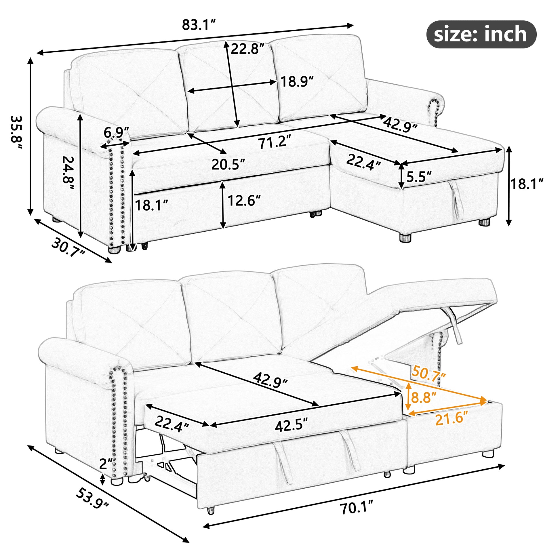 83" Modern Convertible Sleeper Sofa Bed With Storage Chaise,Beige Old Sku:Sg000344Aaa Beige Foam Velvet