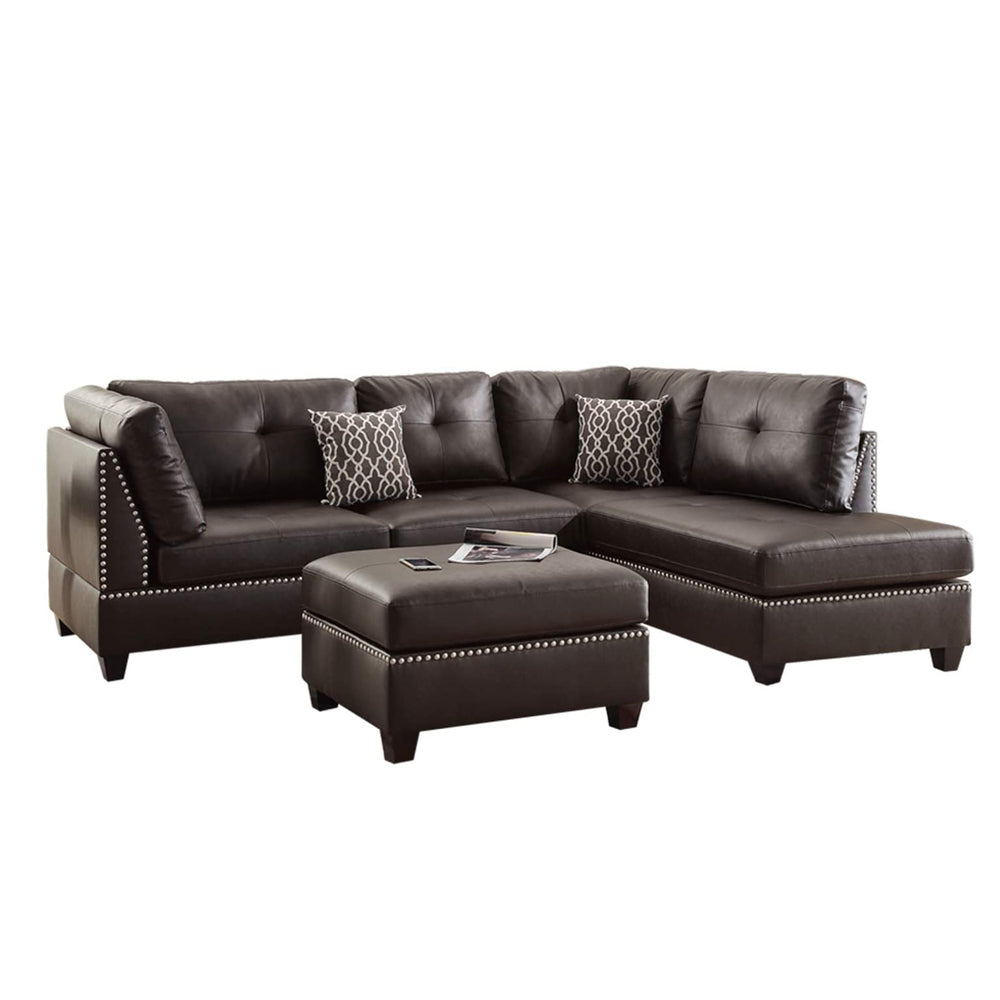 Faux Leather Reversible Sectional Sofa With Ottoman In Espresso Espresso Cushion Back L Shaped Pillow Top Arms Pu Leather