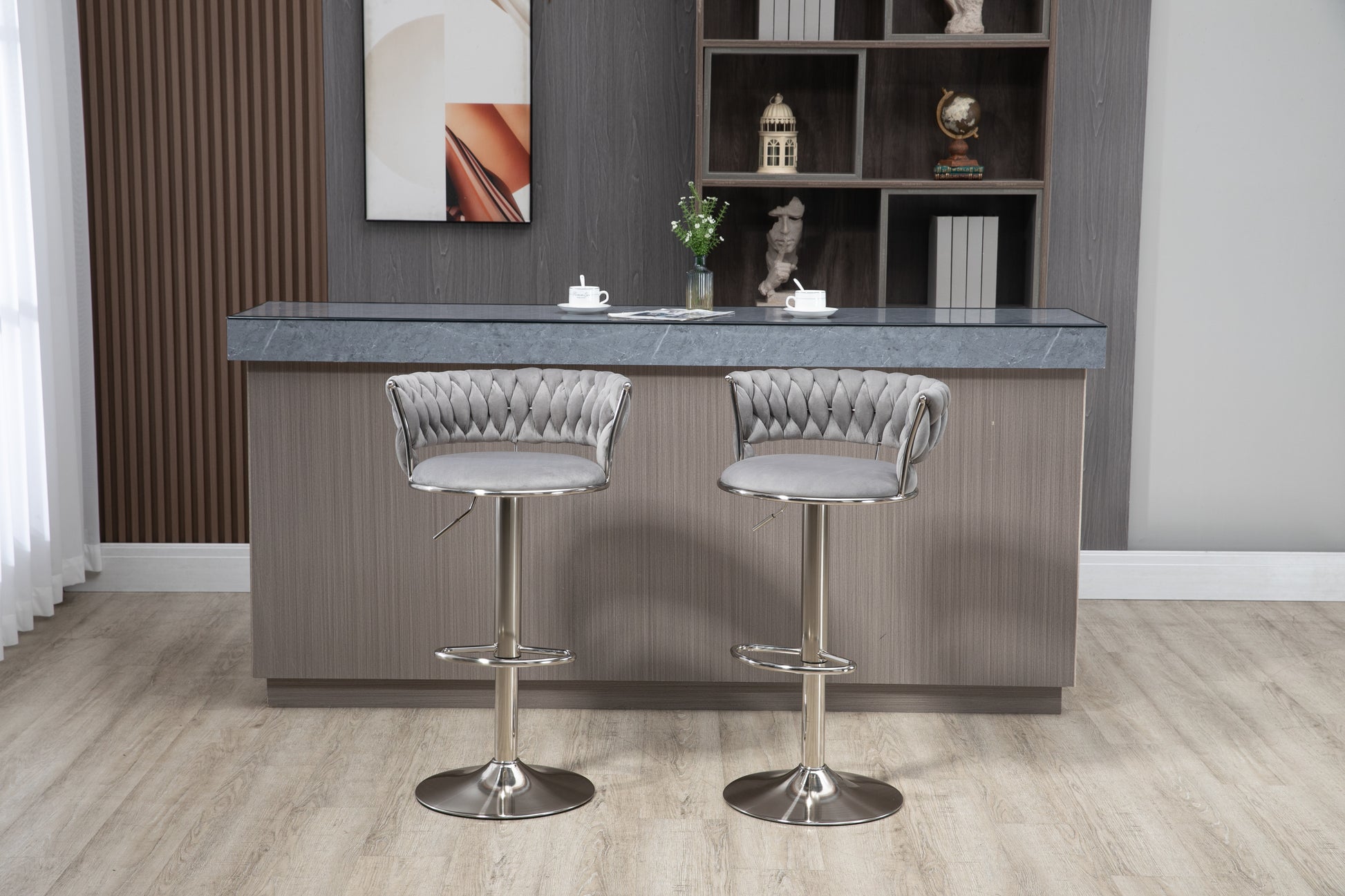 Coolmore Swivel Bar Stools Set Of 2 Adjustable Counter Height Chairs With Footrest For Kitchen, Dining Room 2Pc Set Gray Polyester