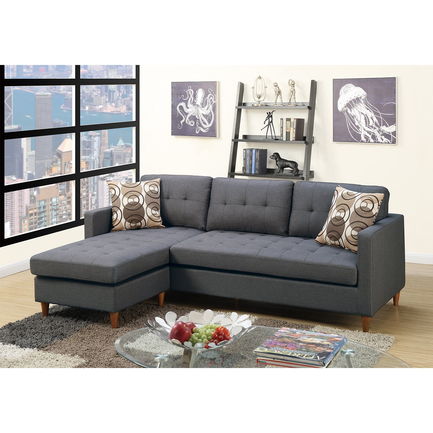 Linen Like Fabric Reversible Sectional Sofa In Blue Grey Grey L Shaped Square Arms Fabric