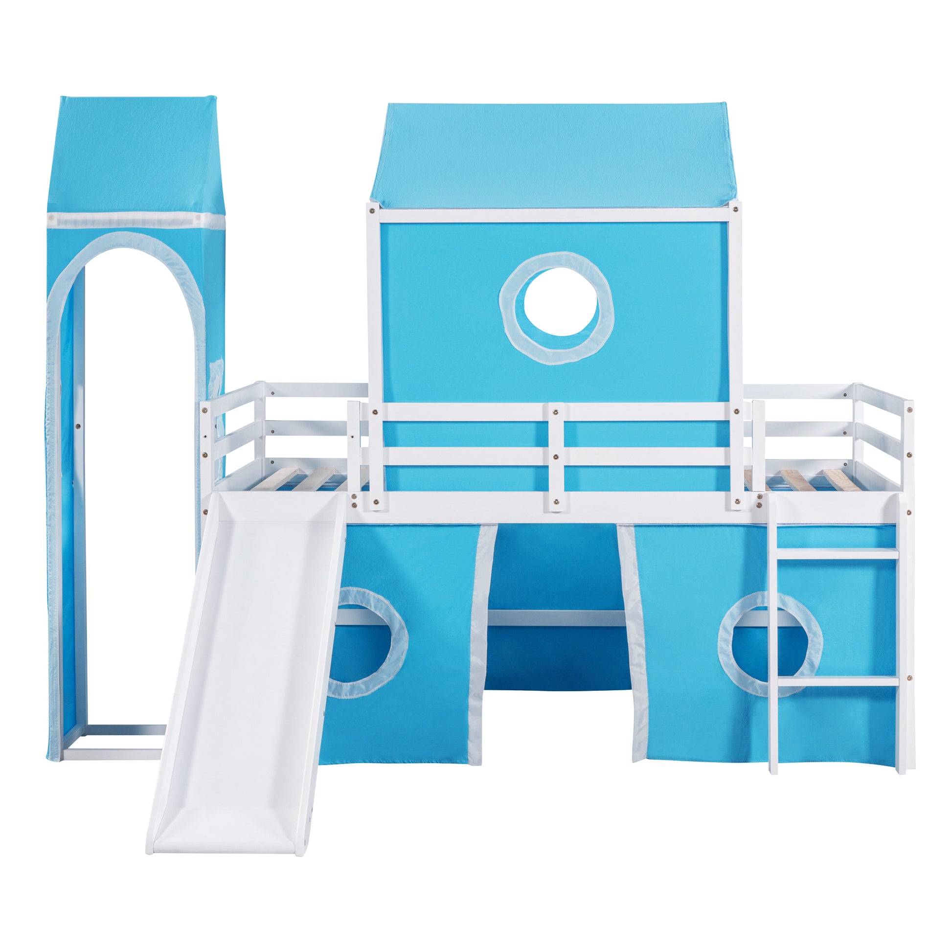 Twin Size Loft Bed With Slide Blue Tent And Tower Blue Twin Blue Solid Wood