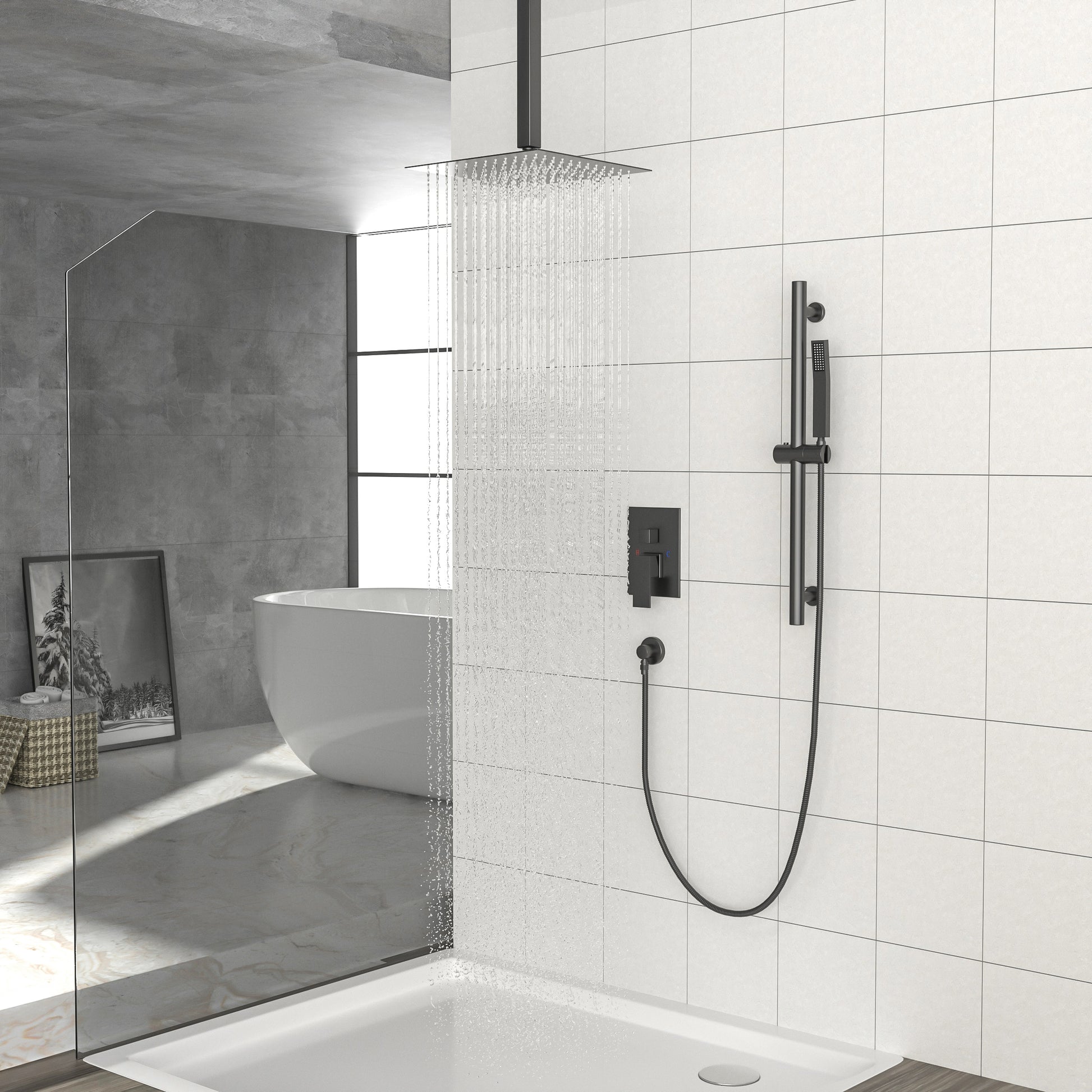 Shower System With Adjustable Slide Bar,16 Inch Ceiling Mounted Square Shower System With Rough In Valve,Matte Black Matte Black Stainless Steel