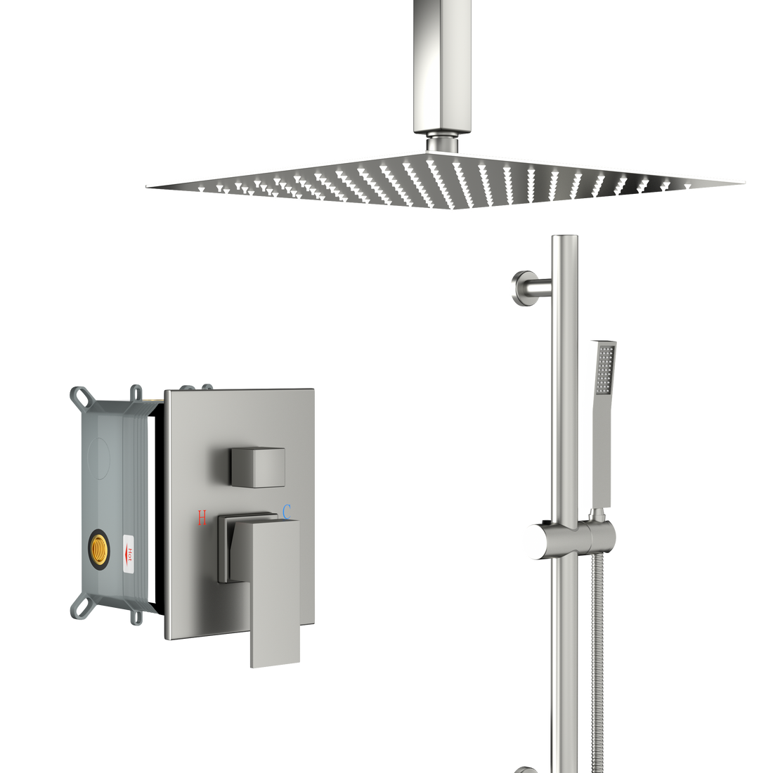 Shower System With Adjustable Slide Bar,16 Inch Ceiling Mounted Square Shower System With Rough In Valve, Brushed Nickel Brushed Nickel Stainless Steel