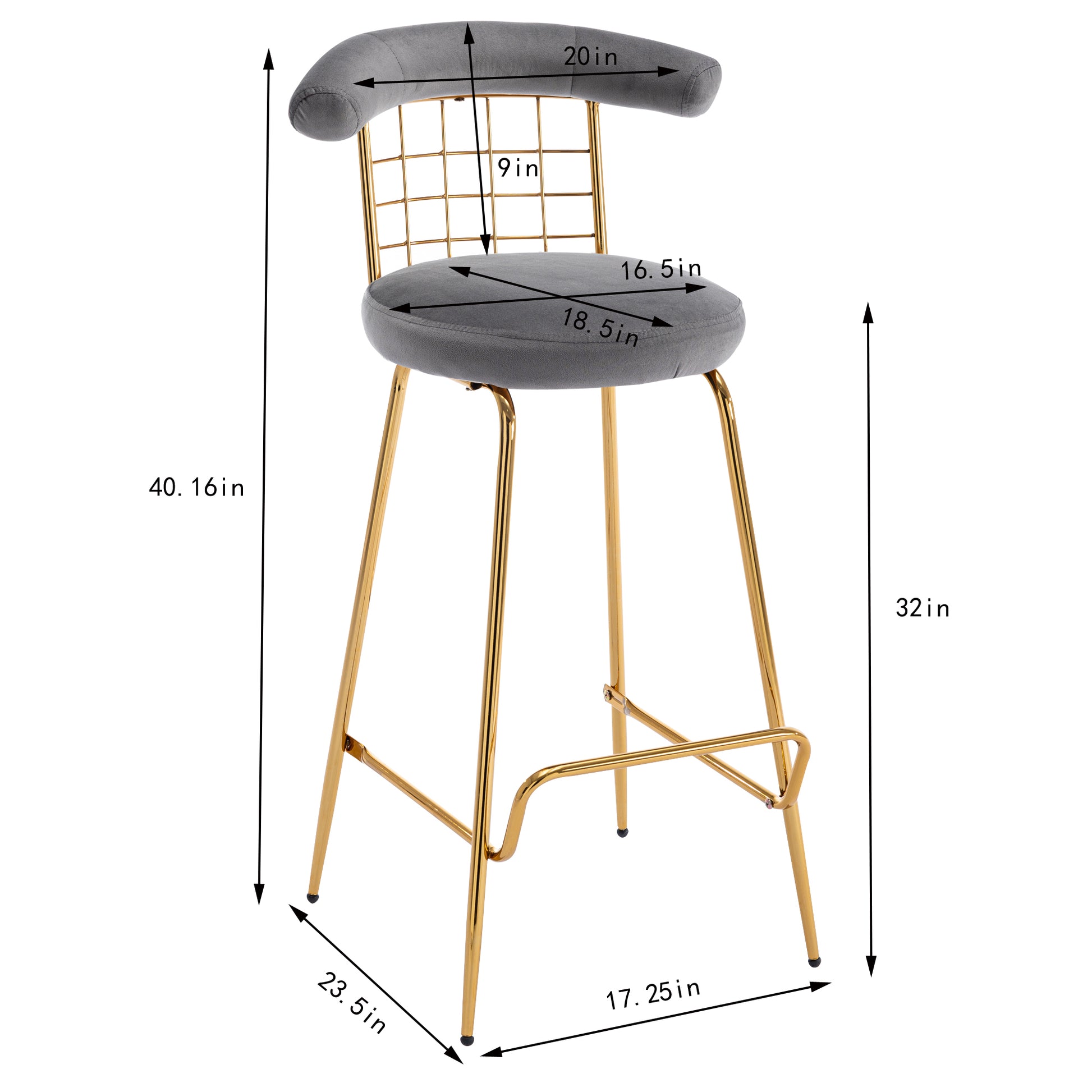 Bar Stool Set Of 2, Luxury Velvet High Bar Stool With Metal Legs And Soft Back, Pub Stool Chairs Armless Modern Kitchen High Dining Chairs With Metal Legs, Grey Gray Velvet