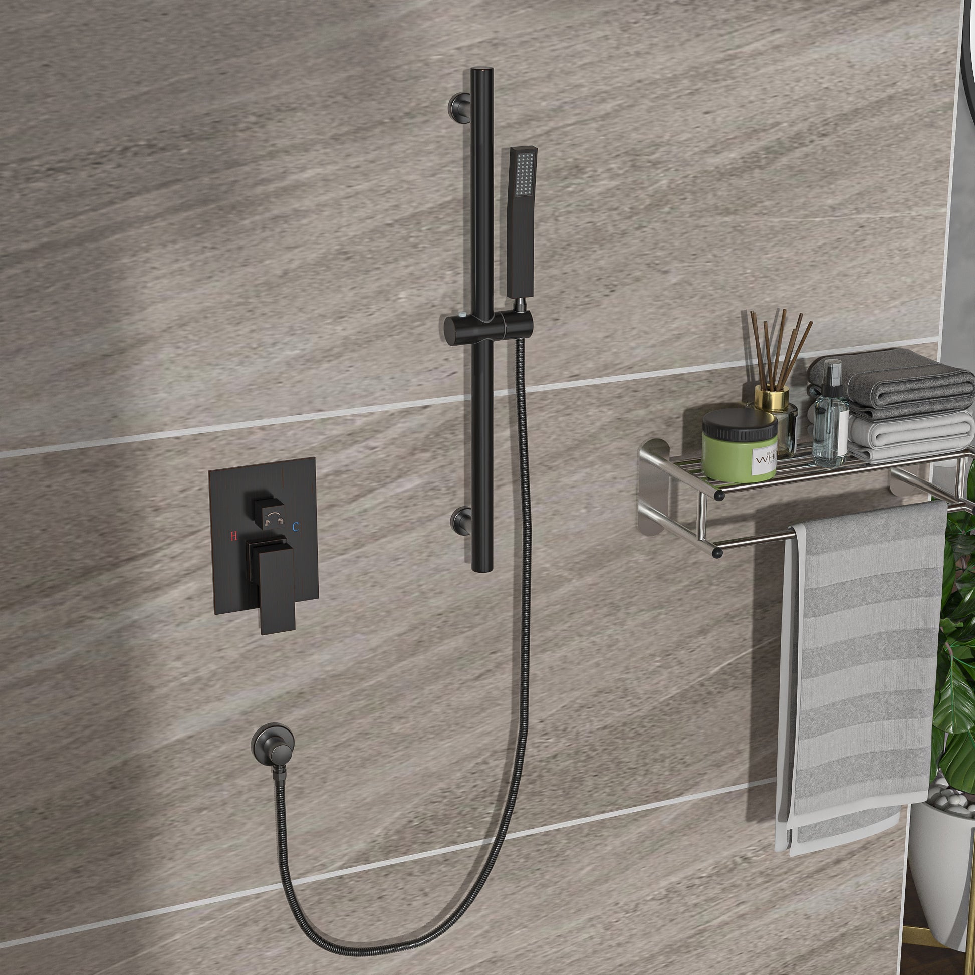 Shower System With Adjustable Slide Bar,16 Inch Ceiling Mounted Square Shower System With Rough In Valve, Oil Rubber Bronze Oil Rubbed Bronze Stainless Steel