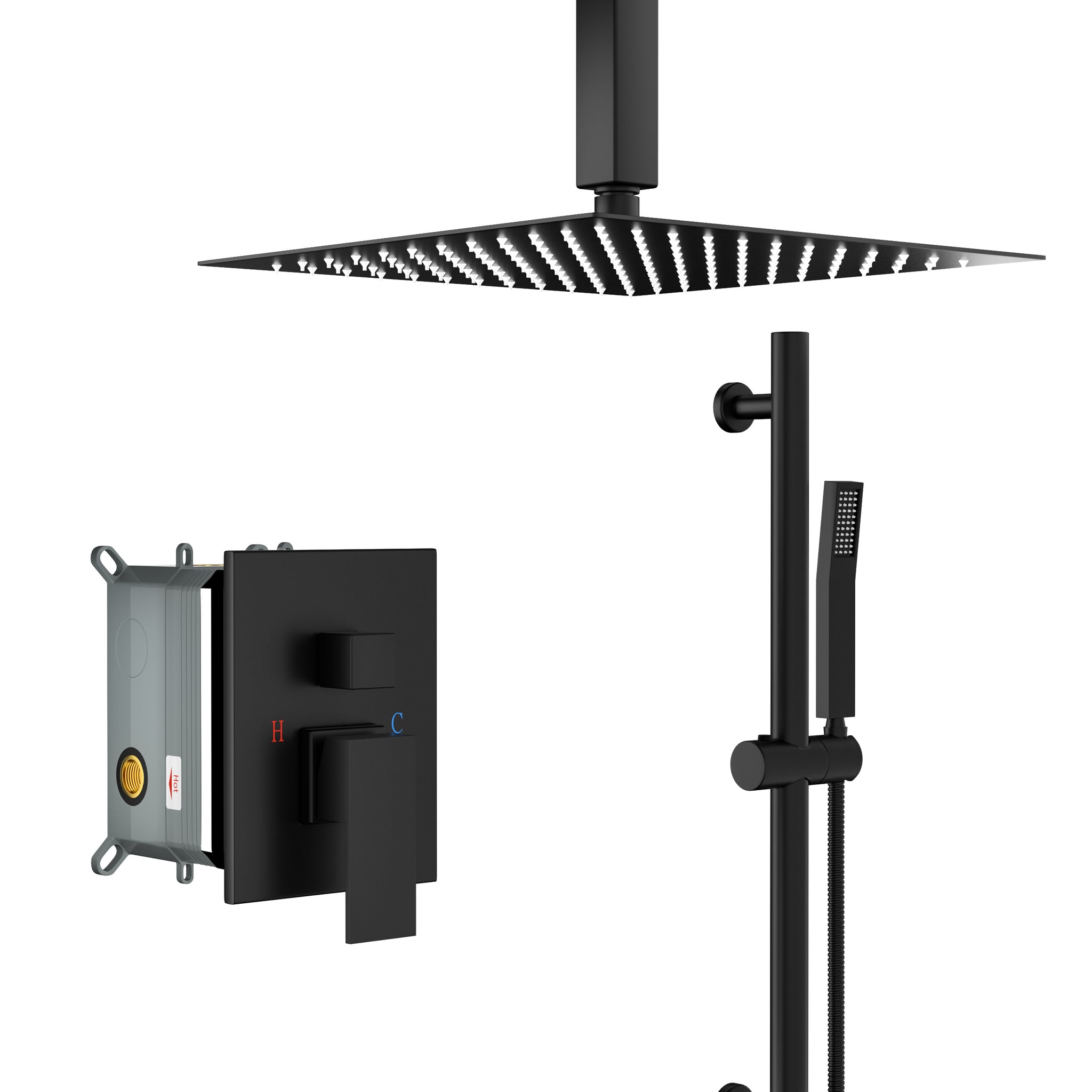 Shower System With Adjustable Slide Bar,16 Inch Ceiling Mounted Square Shower System With Rough In Valve,Matte Black Matte Black Stainless Steel