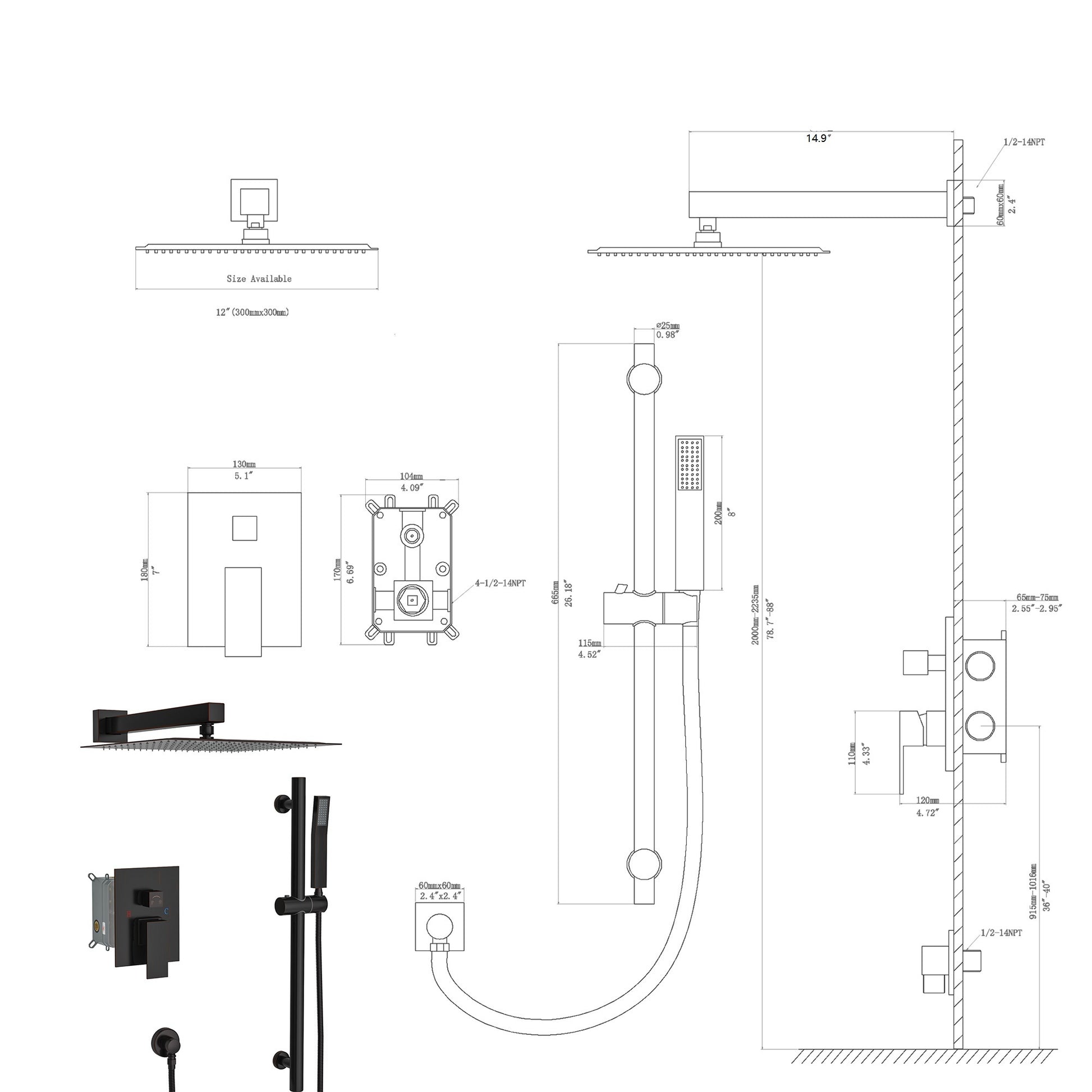 Shower System With Adjustable Slide Bar,12 Inch Wall Mounted Square Shower System With Rough In Valve, Oil Rubber Bronze Oil Rubbed Bronze Stainless Steel