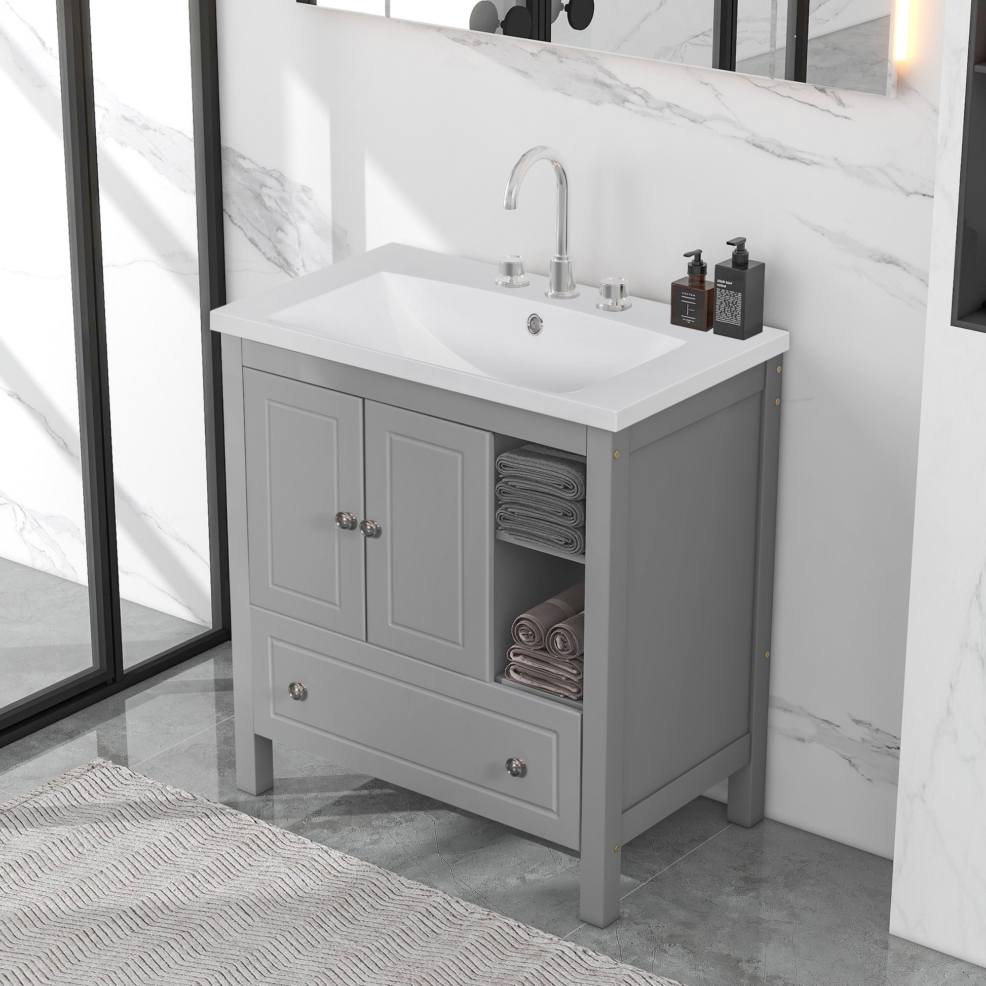 Video 30" Bathroom Vanity With Sink, Bathroom Storage Cabinet With Doors And Drawers, Solid Wood Frame, Ceramic Sink, Grey Old Sku: Jl000002Aag Grey Solid Wood Mdf