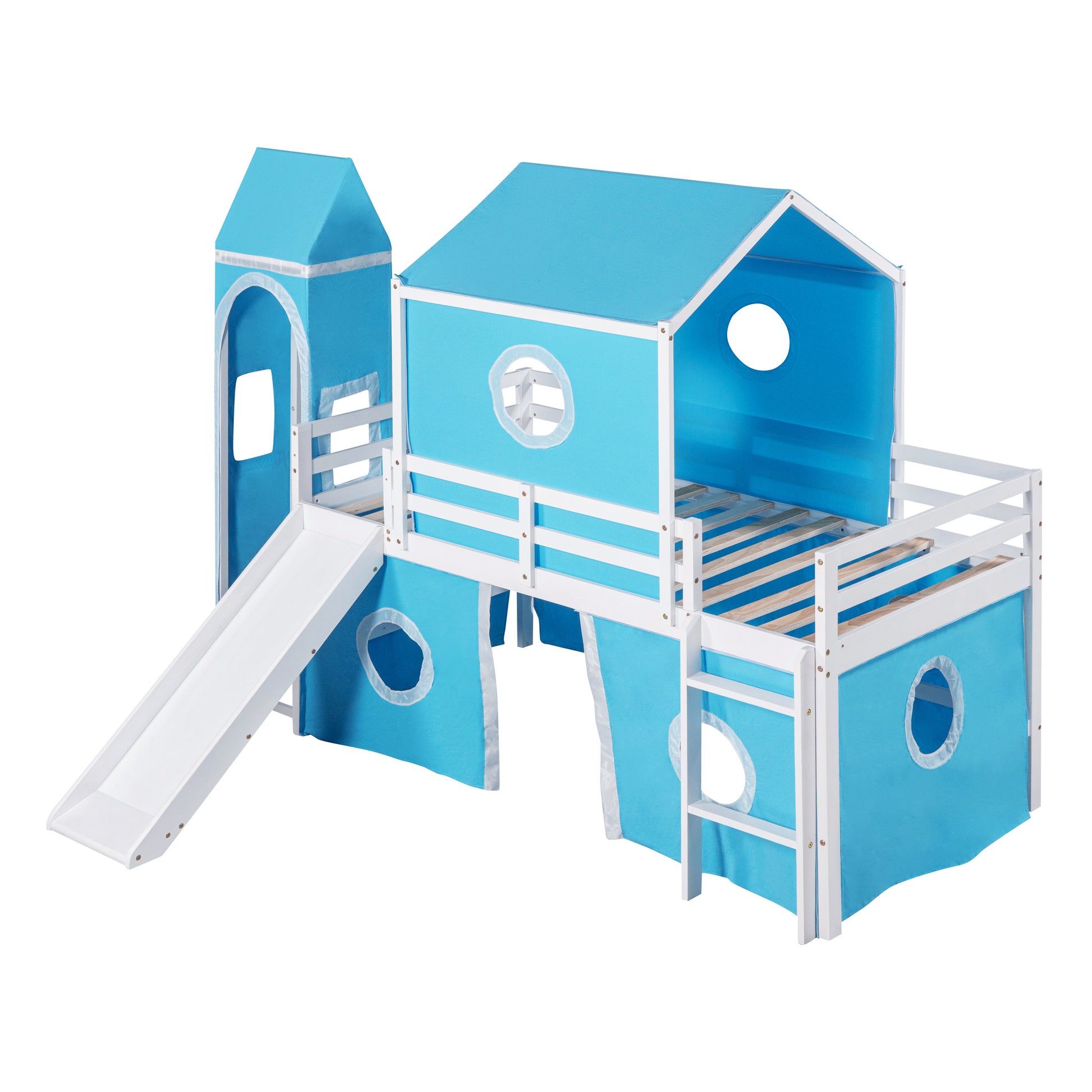 Twin Size Loft Bed With Slide Blue Tent And Tower Blue Twin Blue Solid Wood