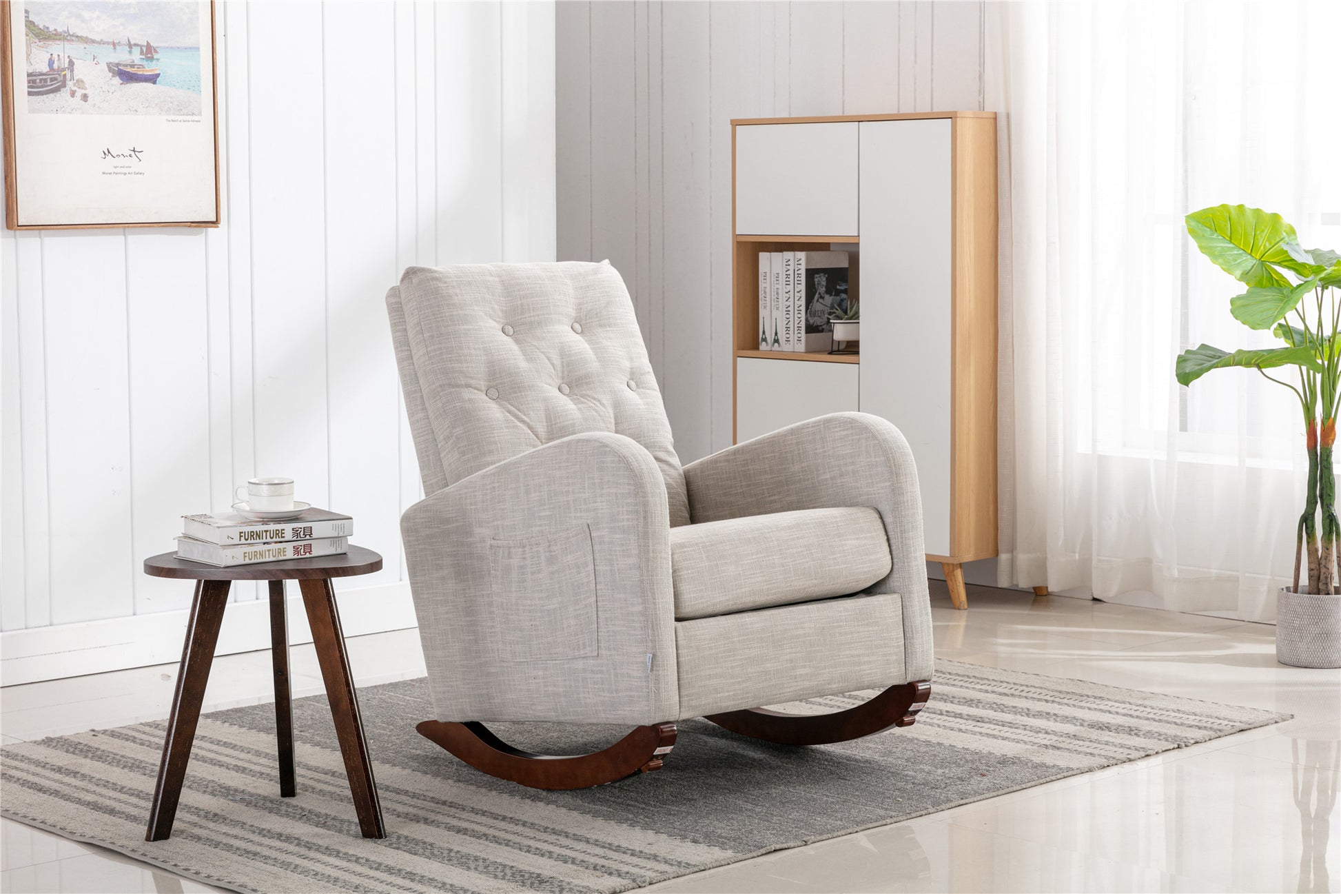 High Back Rocking Chair Nursery Chair .Comfortable Rocker Fabric Padded Seat .Modern High Back Armchair Light Gray Polyester