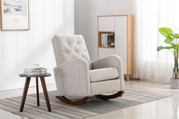 High Back Rocking Chair Nursery Chair .Comfortable Rocker Fabric Padded Seat .Modern High Back Armchair Light Gray Polyester