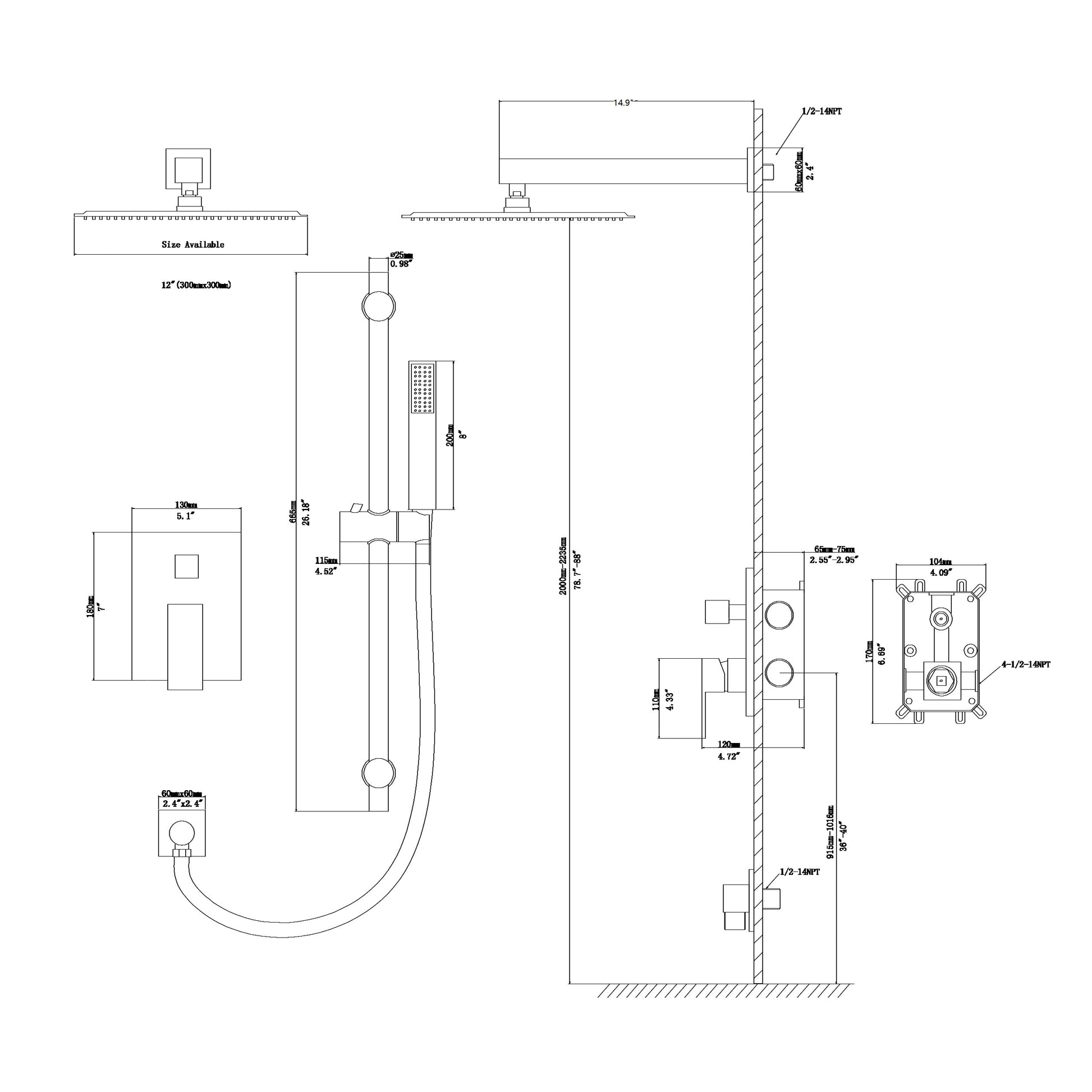 Shower System With Adjustable Slide Bar,12 Inch Wall Mounted Square Shower System With Rough In Valve, Brushed Nickel Brushed Nickel Stainless Steel