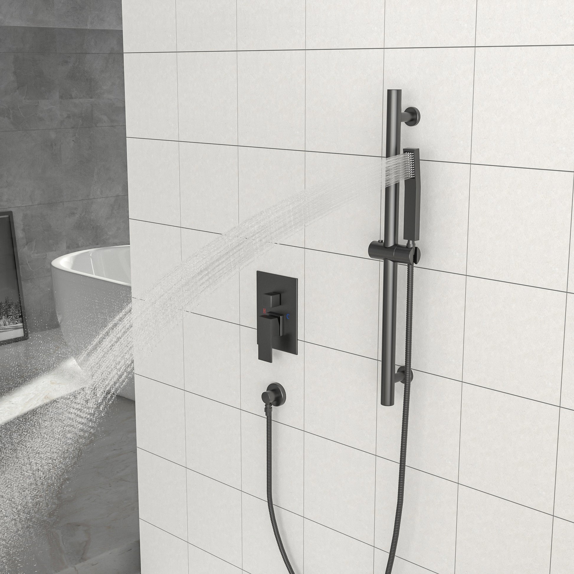 Shower System With Adjustable Slide Bar,16 Inch Ceiling Mounted Square Shower System With Rough In Valve,Matte Black Matte Black Stainless Steel