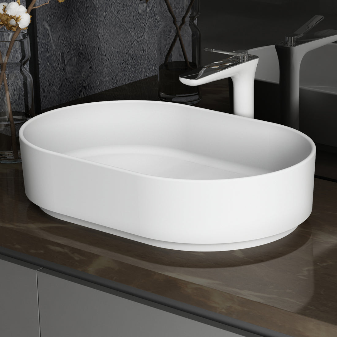 Fs141 580 Solid Surface Basin White Stainless Steel