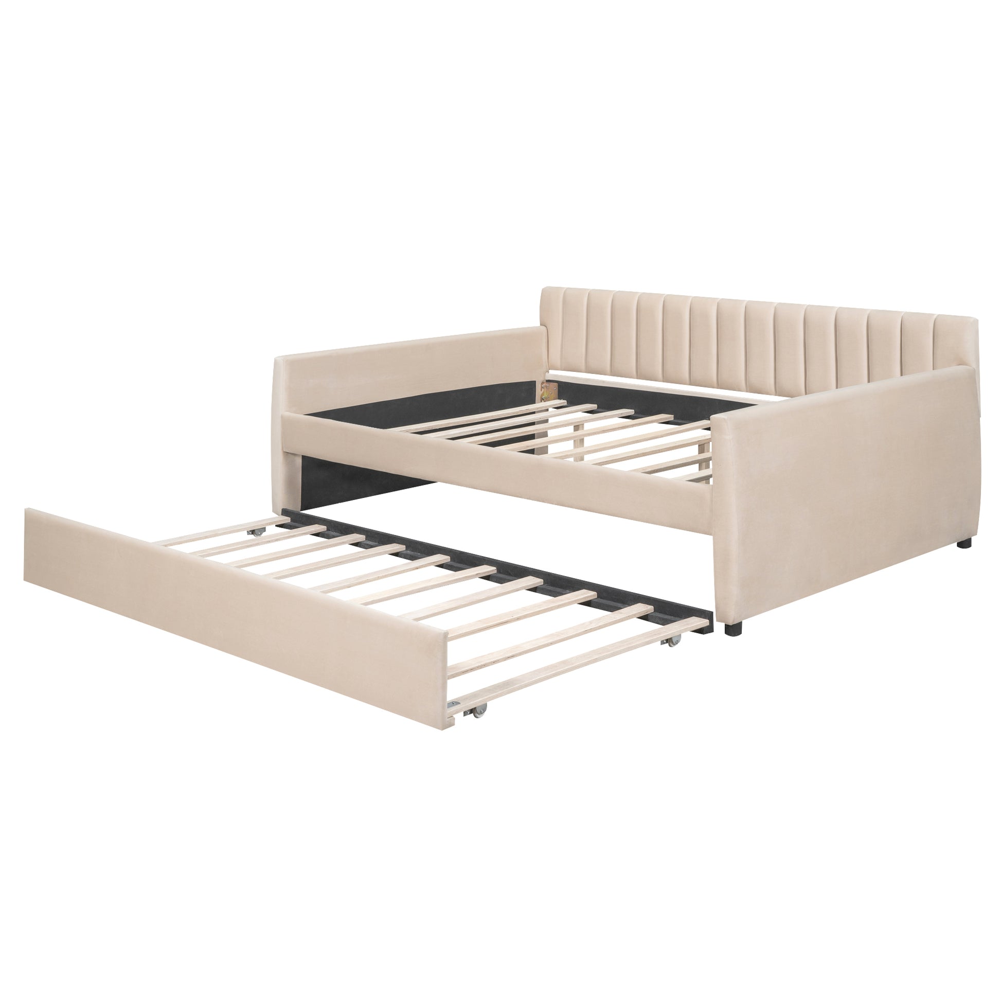 Full Size Upholstered Daybed With Trundle And Wood Slat Support, Beige Beige Velvet