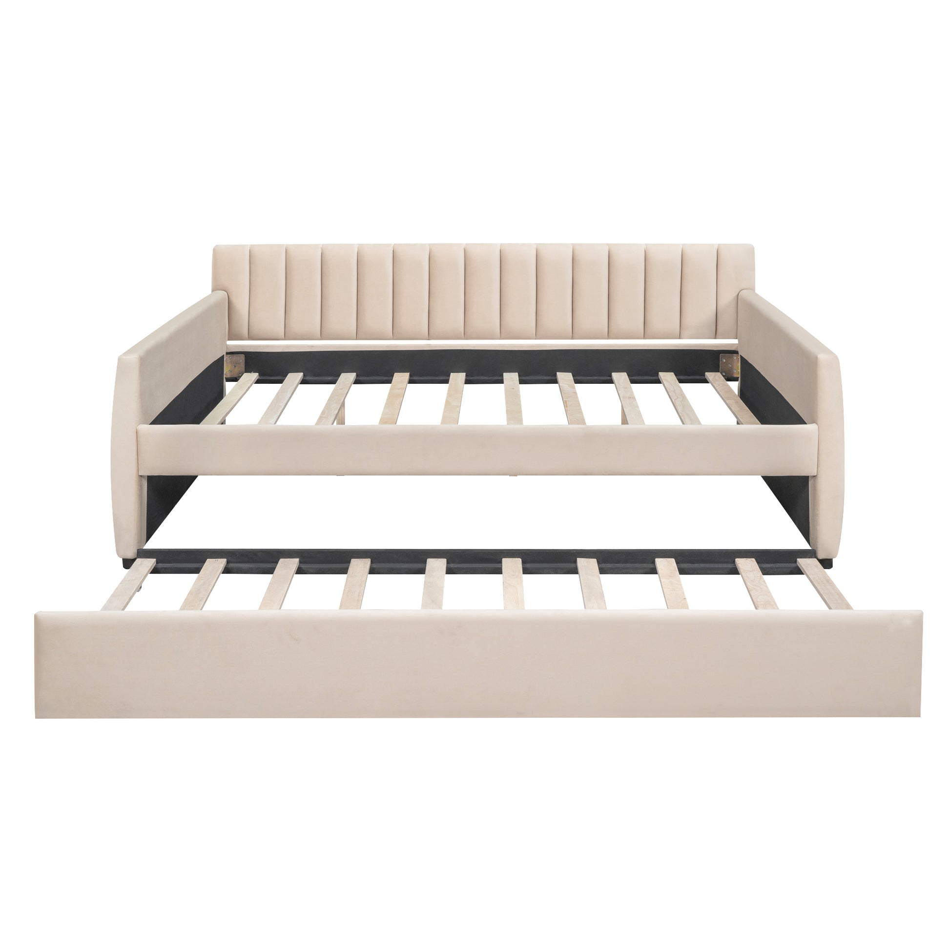 Full Size Upholstered Daybed With Trundle And Wood Slat Support, Beige Beige Velvet