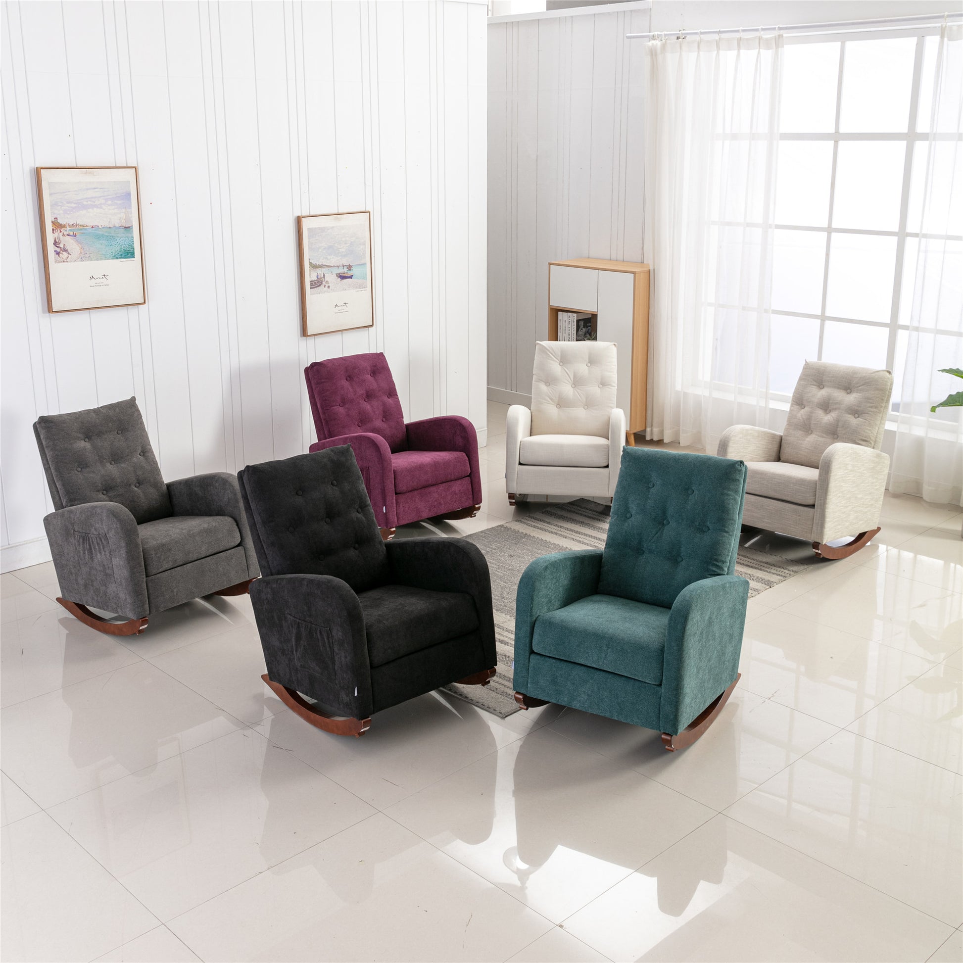 High Back Rocking Chair Nursery Chair .Comfortable Rocker Fabric Padded Seat .Modern High Back Armchair Light Gray Polyester
